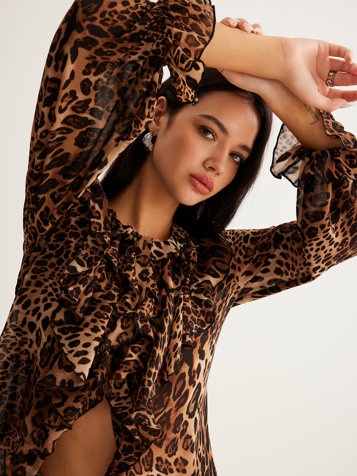 Leopard Printed Ruffle Blouse Women's Trendy Casual Top