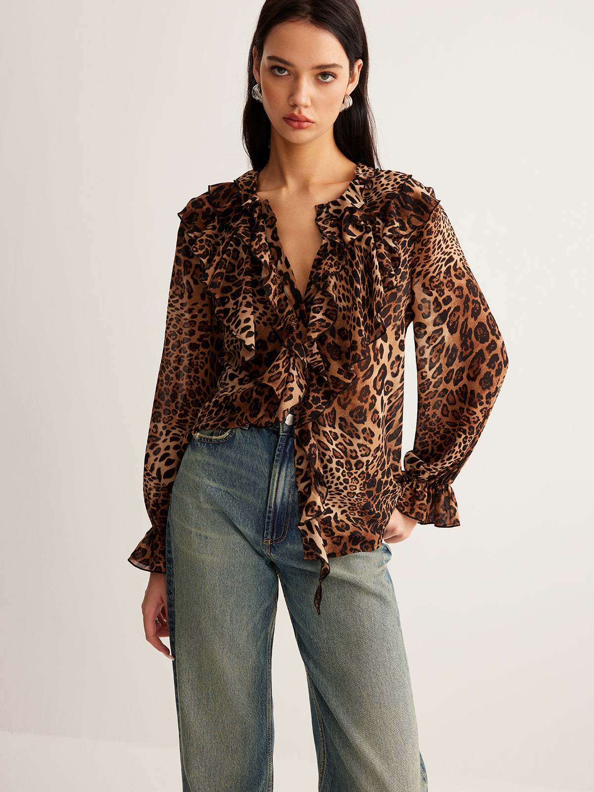 Leopard Printed Ruffle Blouse Women's Trendy Casual Top