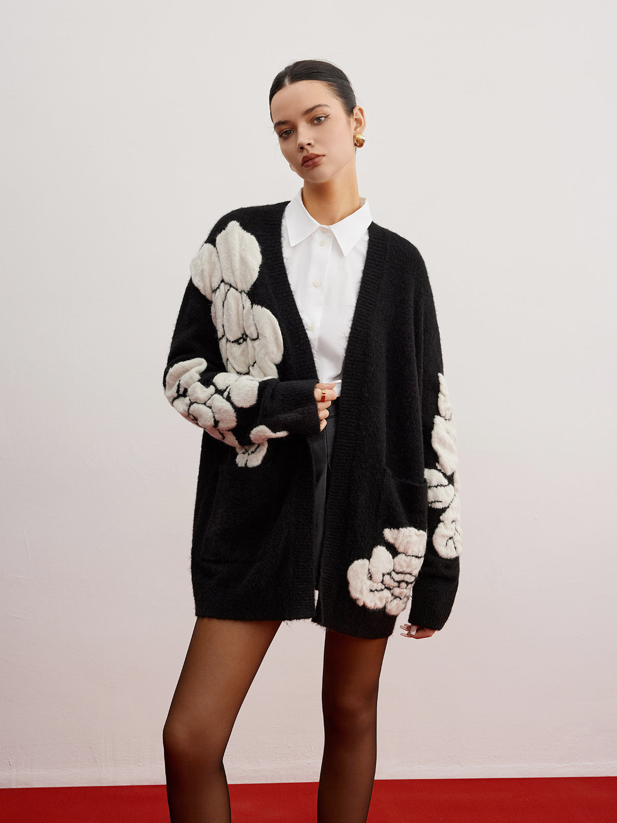 Wool-Blend Knit-Floral Cardigan for Women Casual Layering