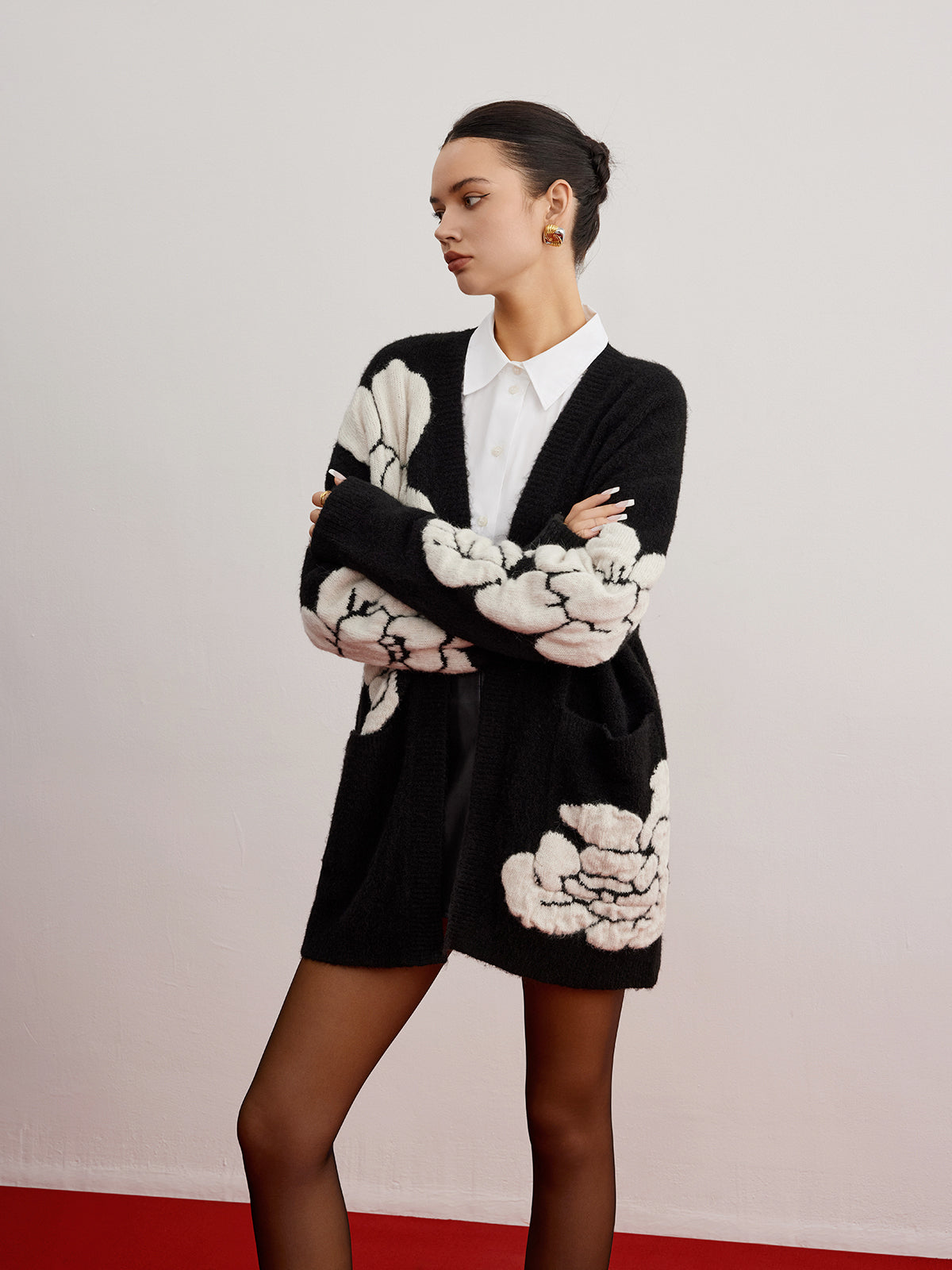 Wool-Blend Knit-Floral Cardigan for Women Casual Layering