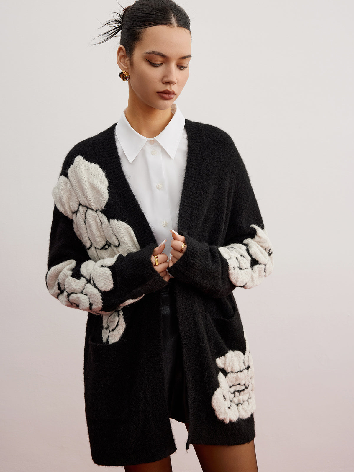Wool-Blend Knit-Floral Cardigan for Women Casual Layering