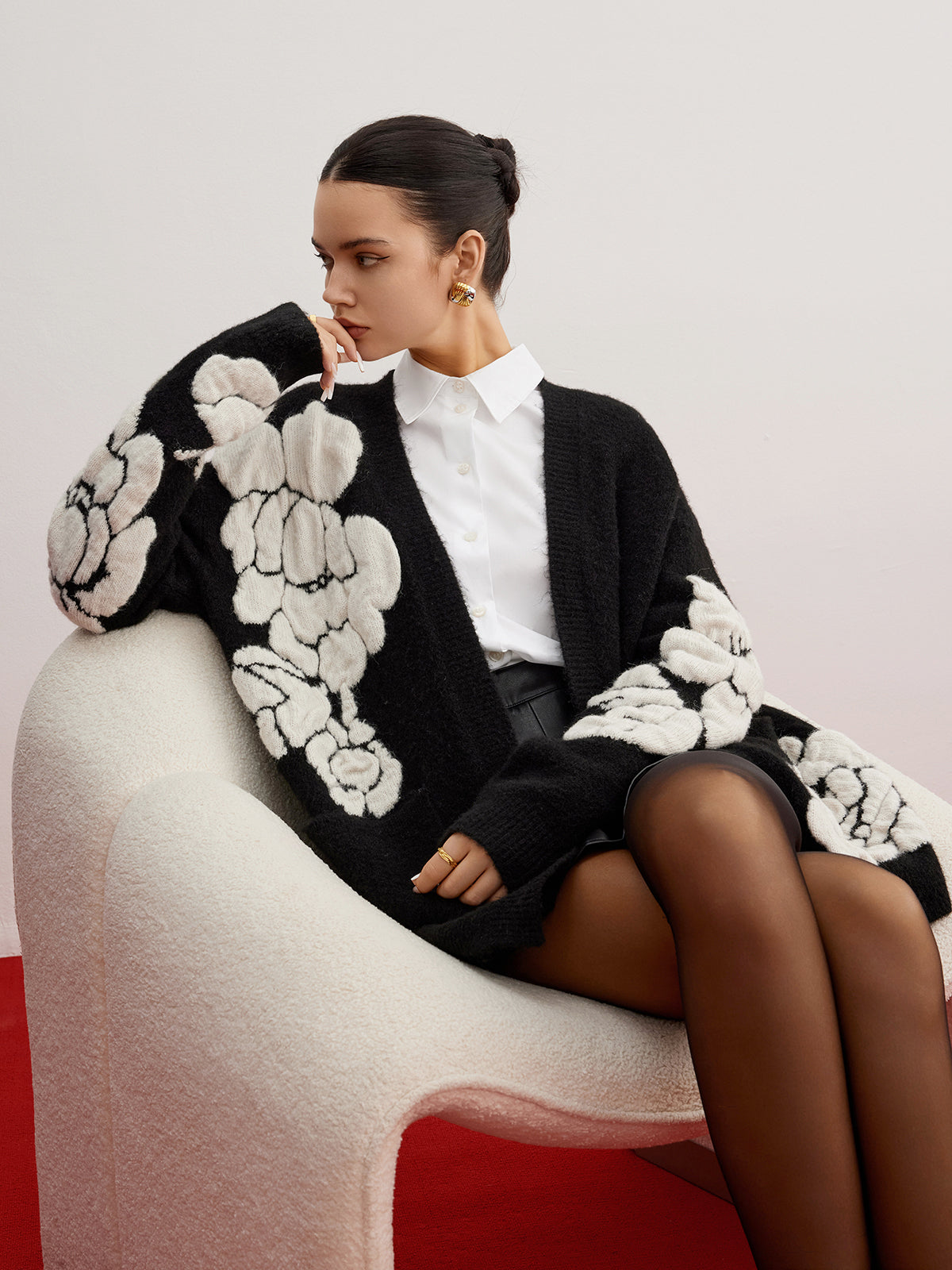 Wool-Blend Knit-Floral Cardigan for Women Casual Layering