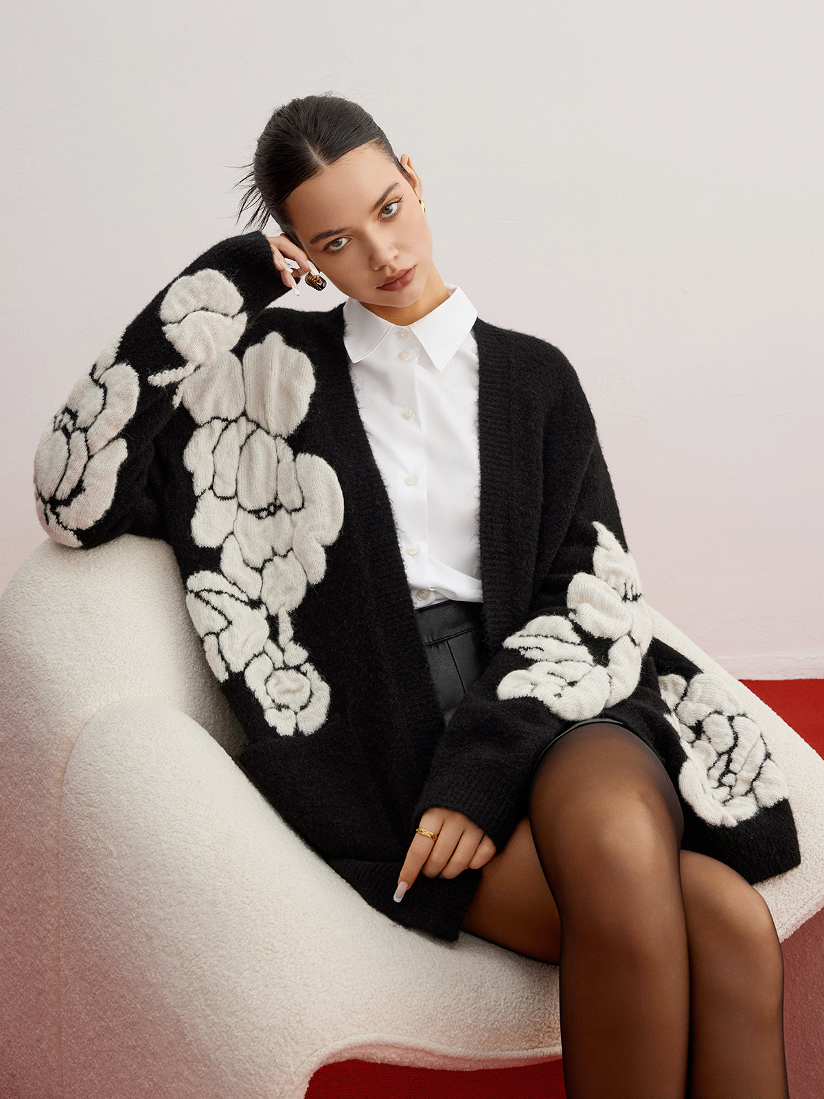 Wool-Blend Knit-Floral Cardigan for Women Casual Layering