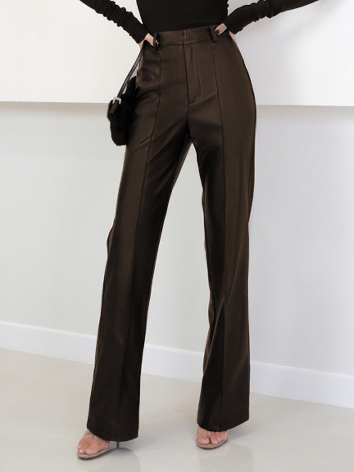 High Waist Faux Leather Pants with Elastic Waistband