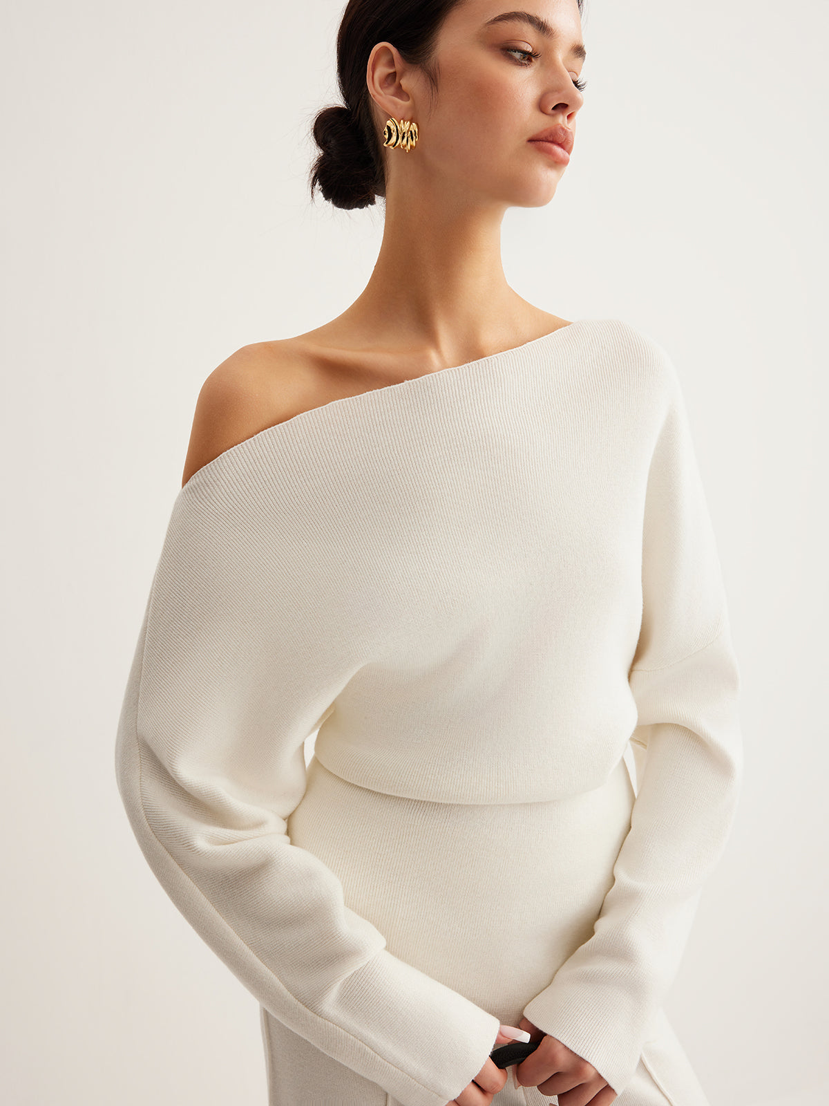 Wool-Blend Asymmetrical Neck Knit Top for Women, Comfort Fit