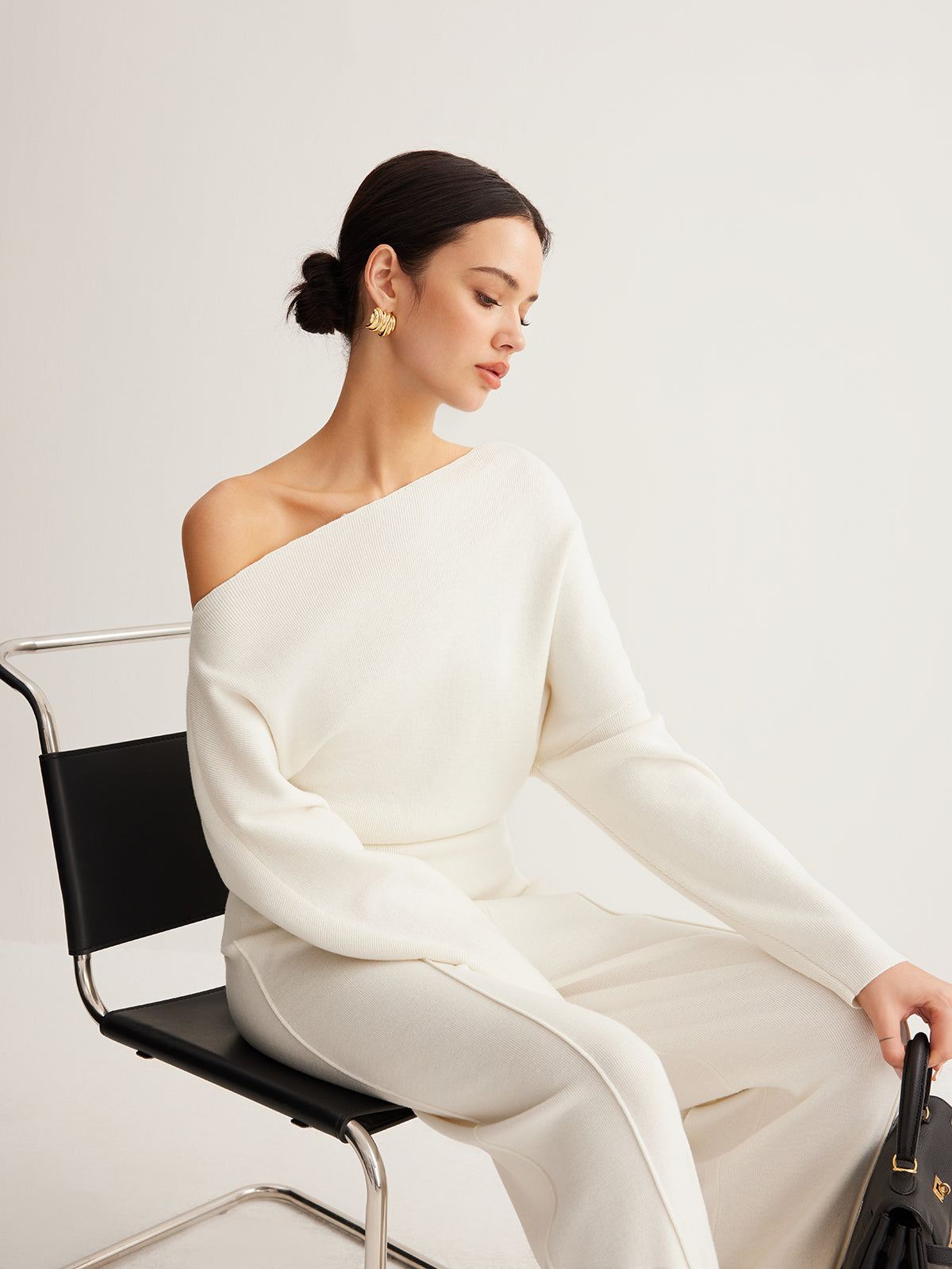 Wool-Blend Asymmetrical Neck Knit Top for Women, Comfort Fit