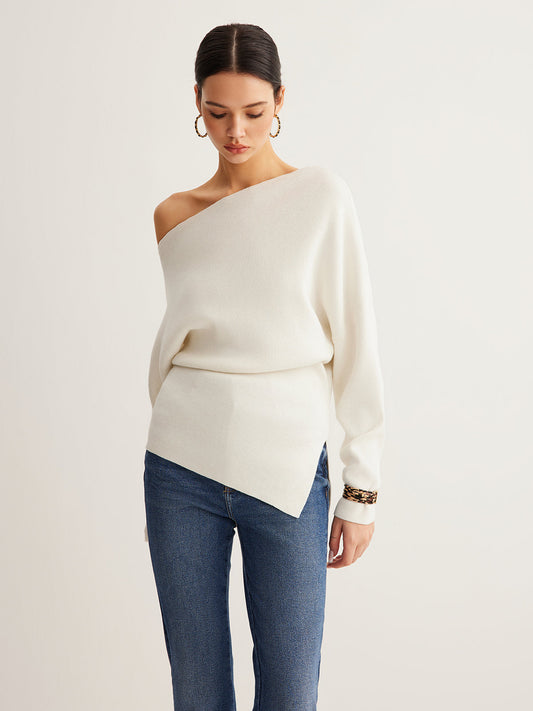Wool-Blend Asymmetrical Neck Knit Top for Women, Comfort Fit