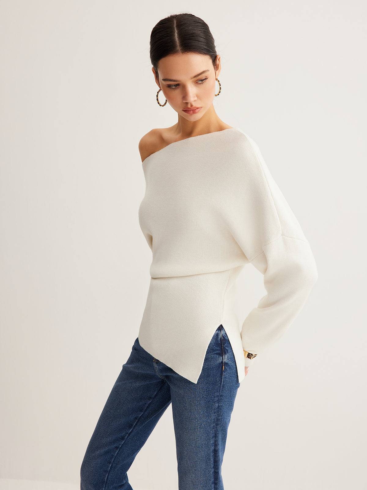 Wool-Blend Asymmetrical Neck Knit Top for Women, Comfort Fit