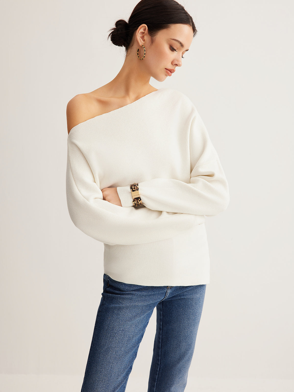 Wool-Blend Asymmetrical Neck Knit Top for Women, Comfort Fit