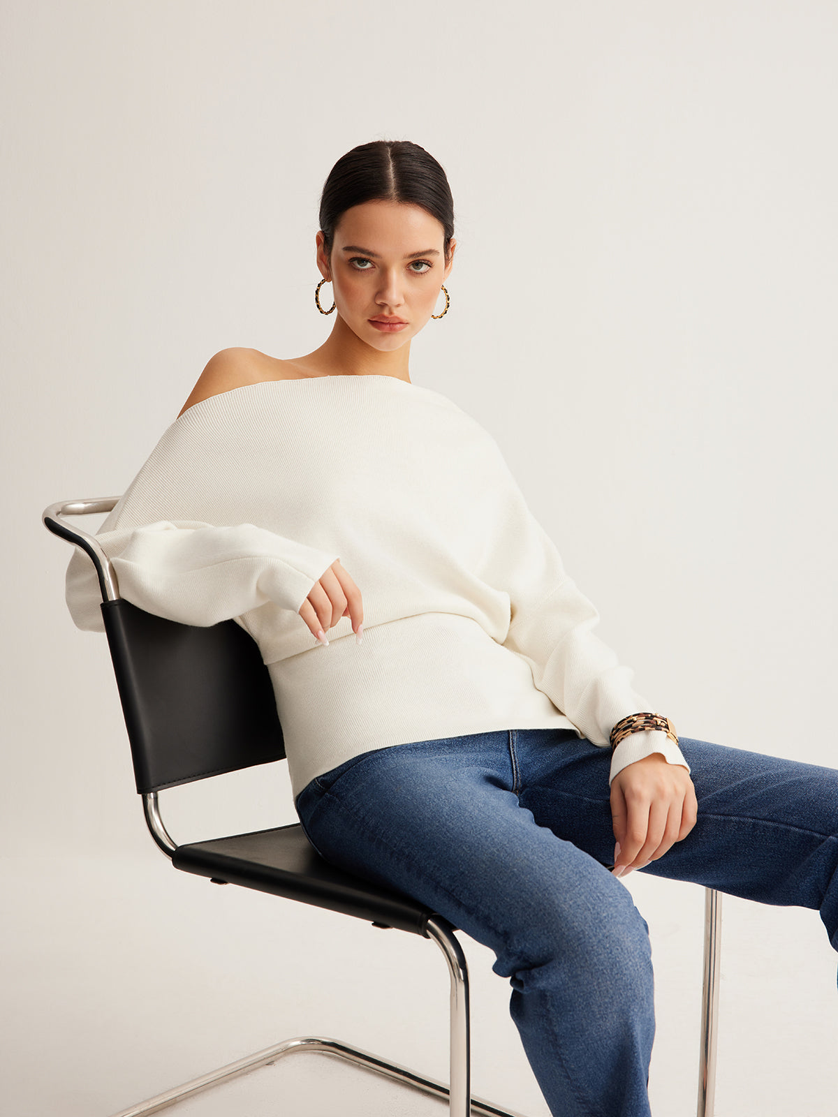Wool-Blend Asymmetrical Neck Knit Top for Women, Comfort Fit