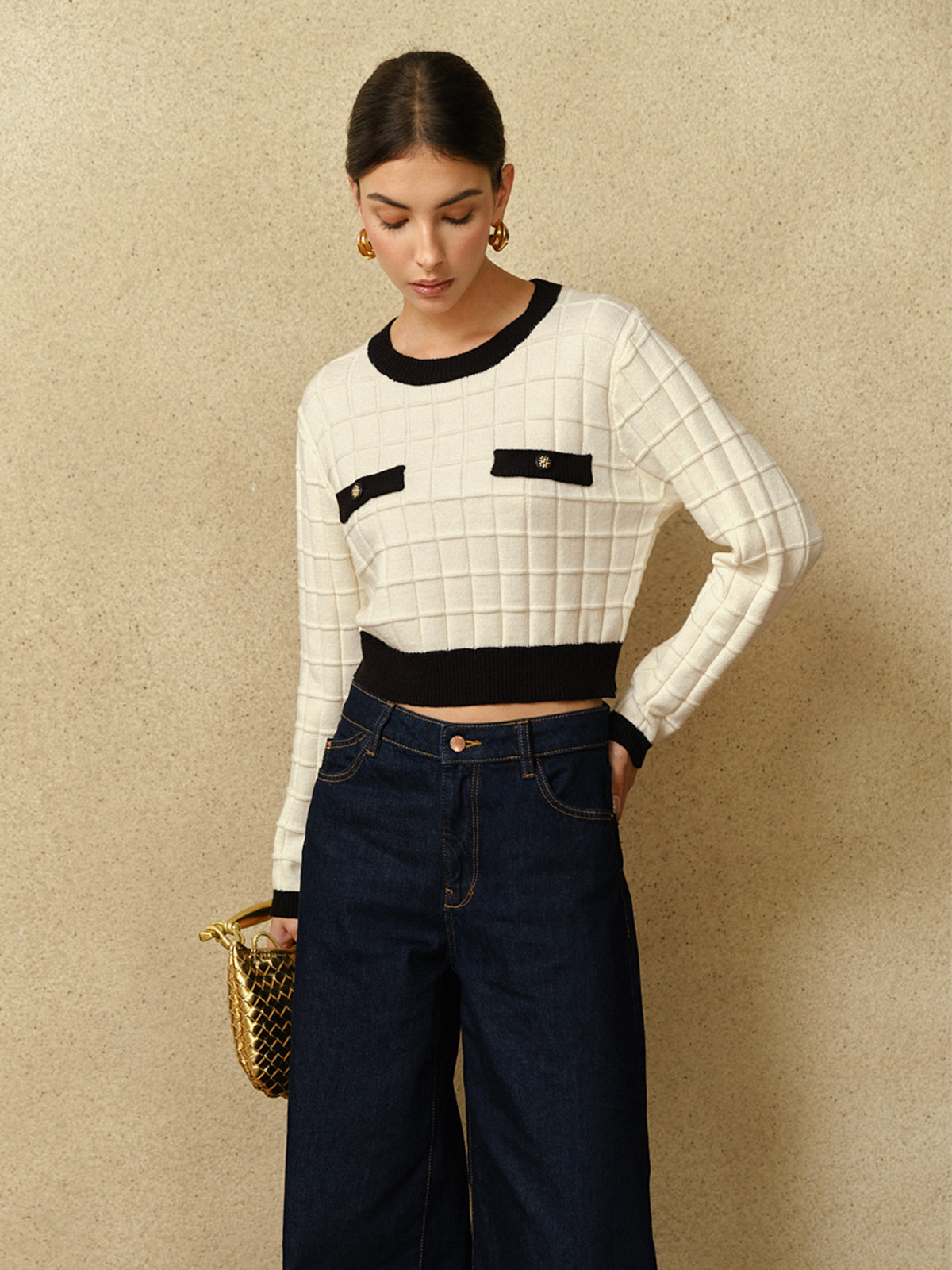 Contrast Trim Plaid Pullover Sweater for Women Cozy Winter Wear