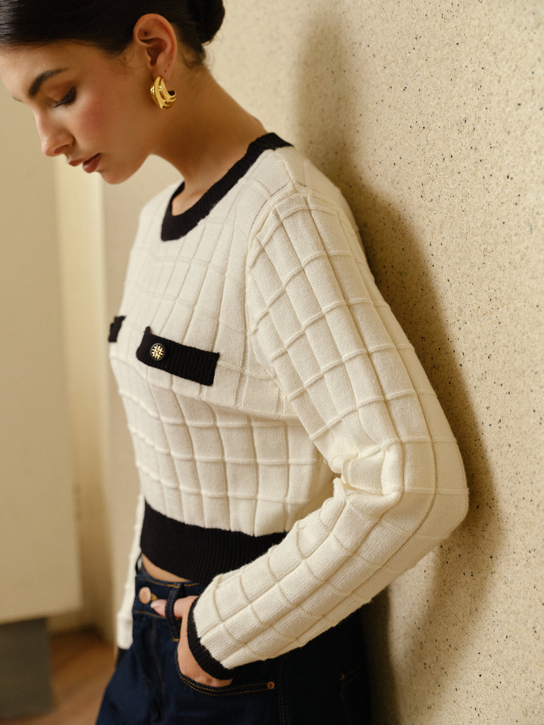 Contrast Trim Plaid Pullover Sweater for Women Cozy Winter Wear