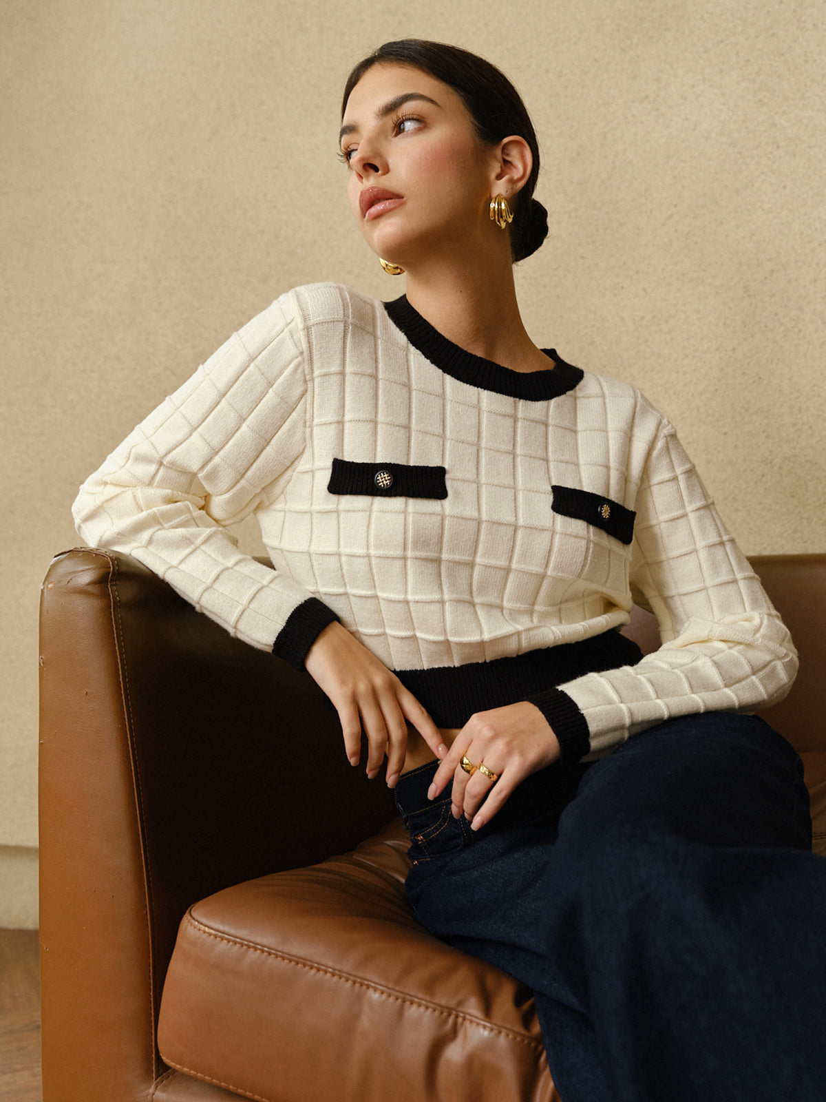 Contrast Trim Plaid Pullover Sweater for Women Cozy Winter Wear