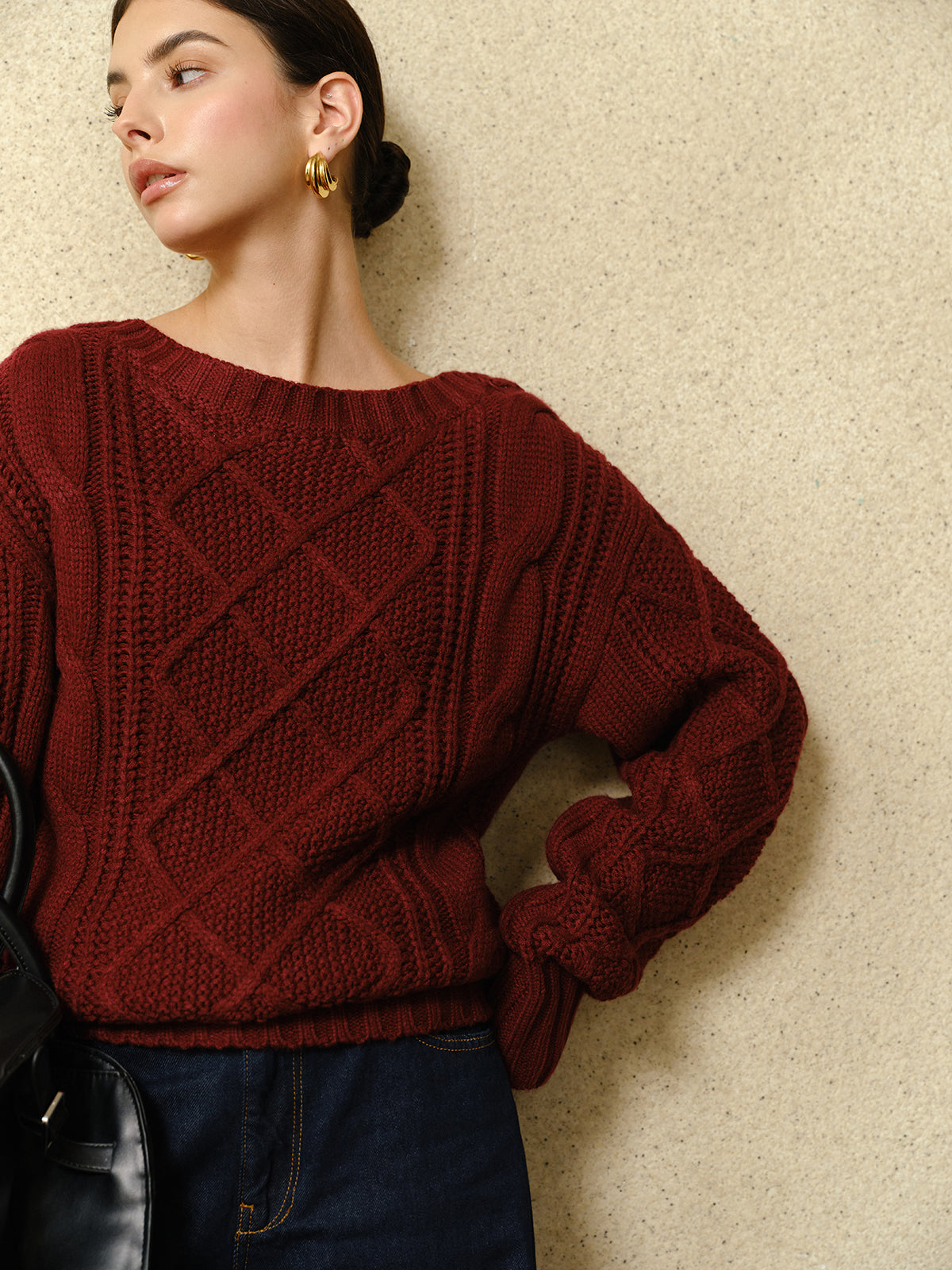 Casual Crew Neck Cable-Knit Top for Women Soft Comfortable