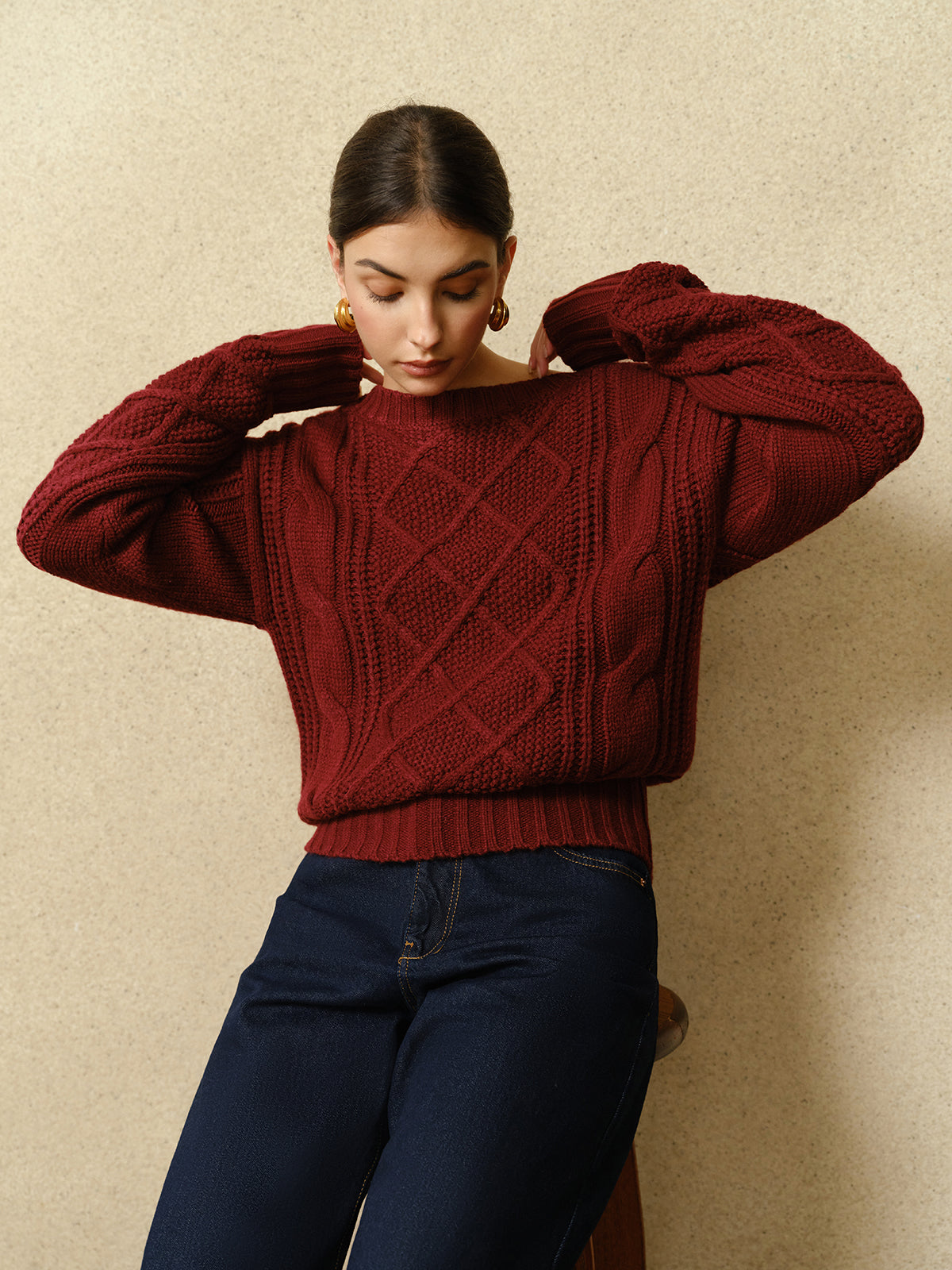 Casual Crew Neck Cable-Knit Top for Women Soft Comfortable