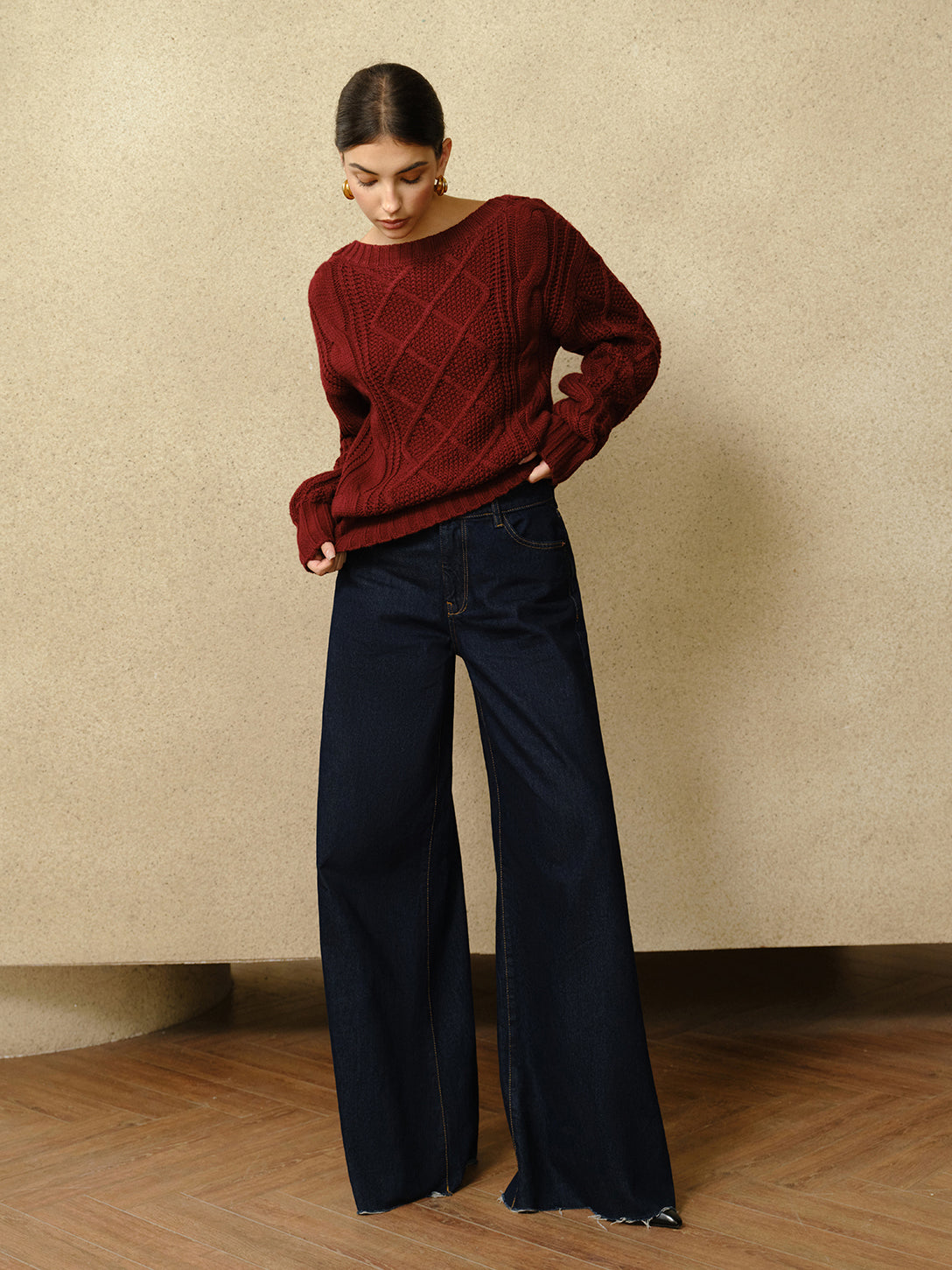 Casual Crew Neck Cable-Knit Top for Women Soft Comfortable