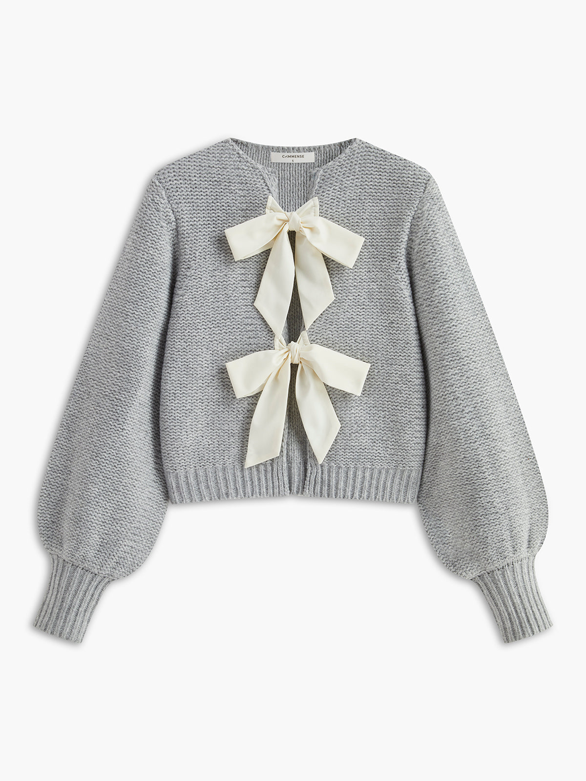 Crew Neck Bow Knit Top with Long Sleeves and Ribbed Texture