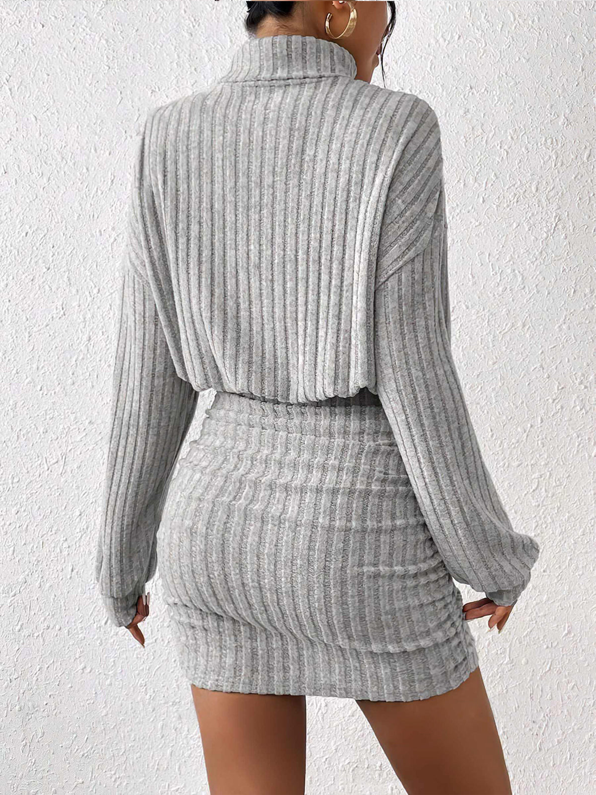 Mock Neck Ribbed Short Dress with Long Sleeves and Stretch Fabric