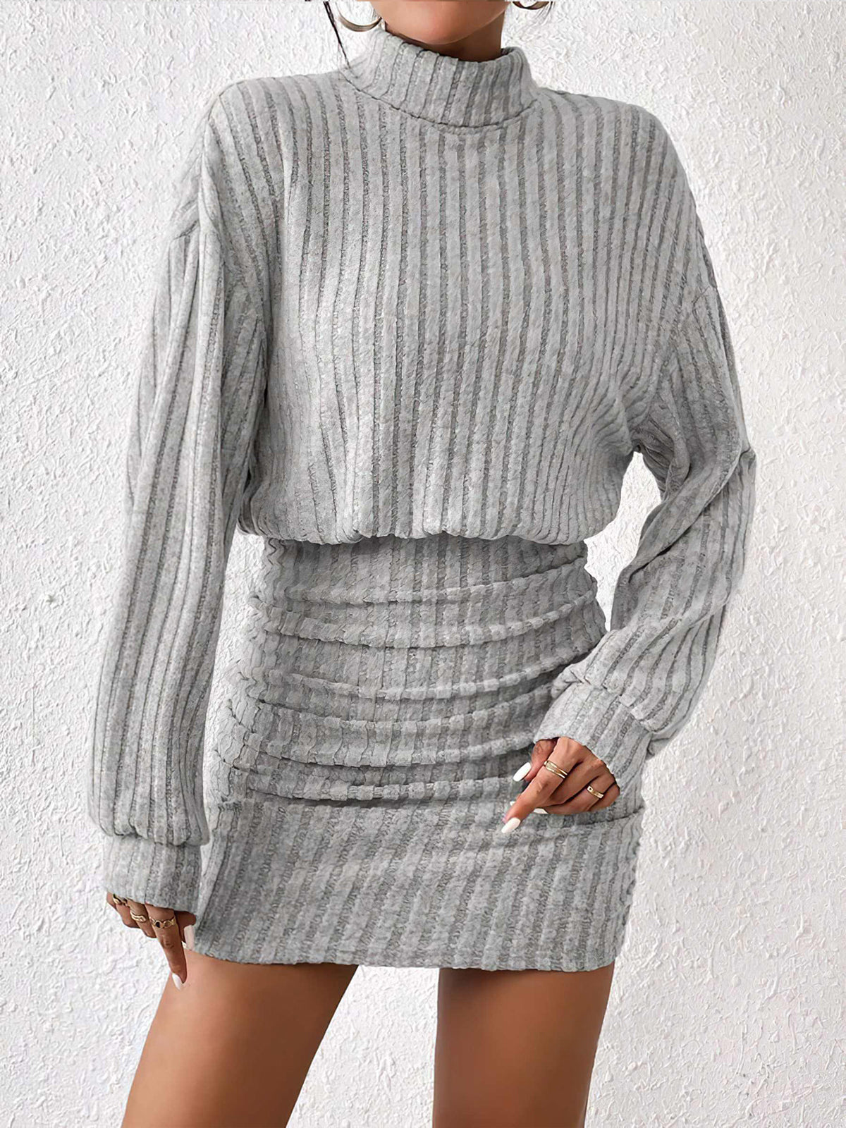 Mock Neck Ribbed Short Dress with Long Sleeves and Stretch Fabric