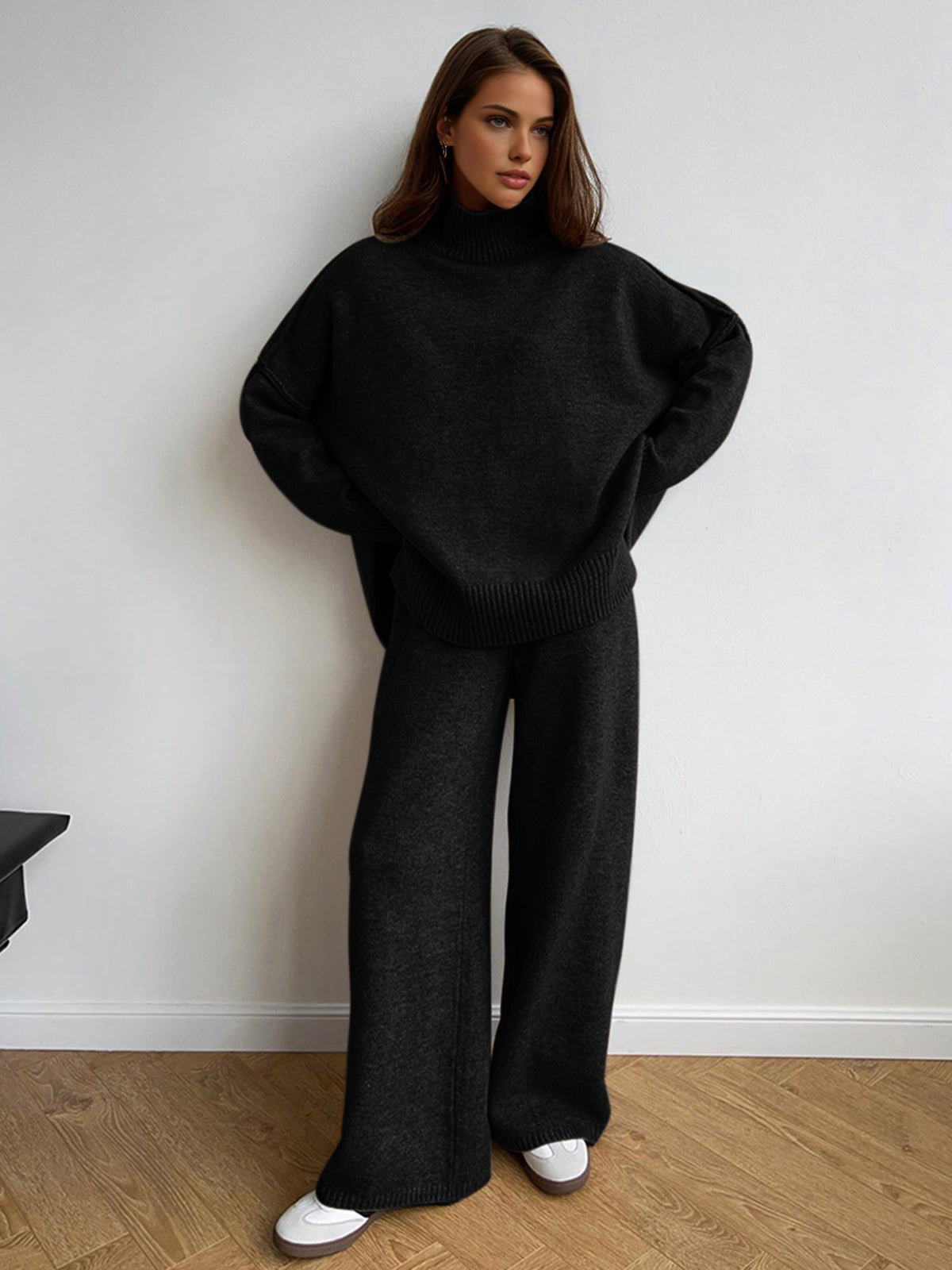 Plain Turtleneck Knit Pants Set for Women Comfortable Winter Lounge Wear