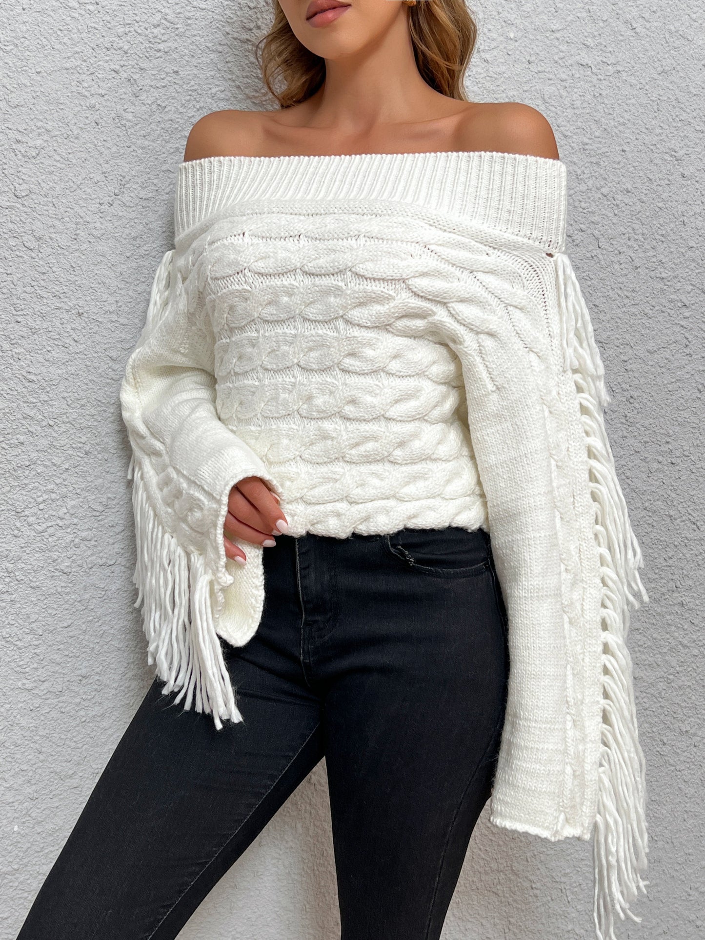 Beheme Off-Shoulder Tassel Sweater Cozy Knit Winter Fashion