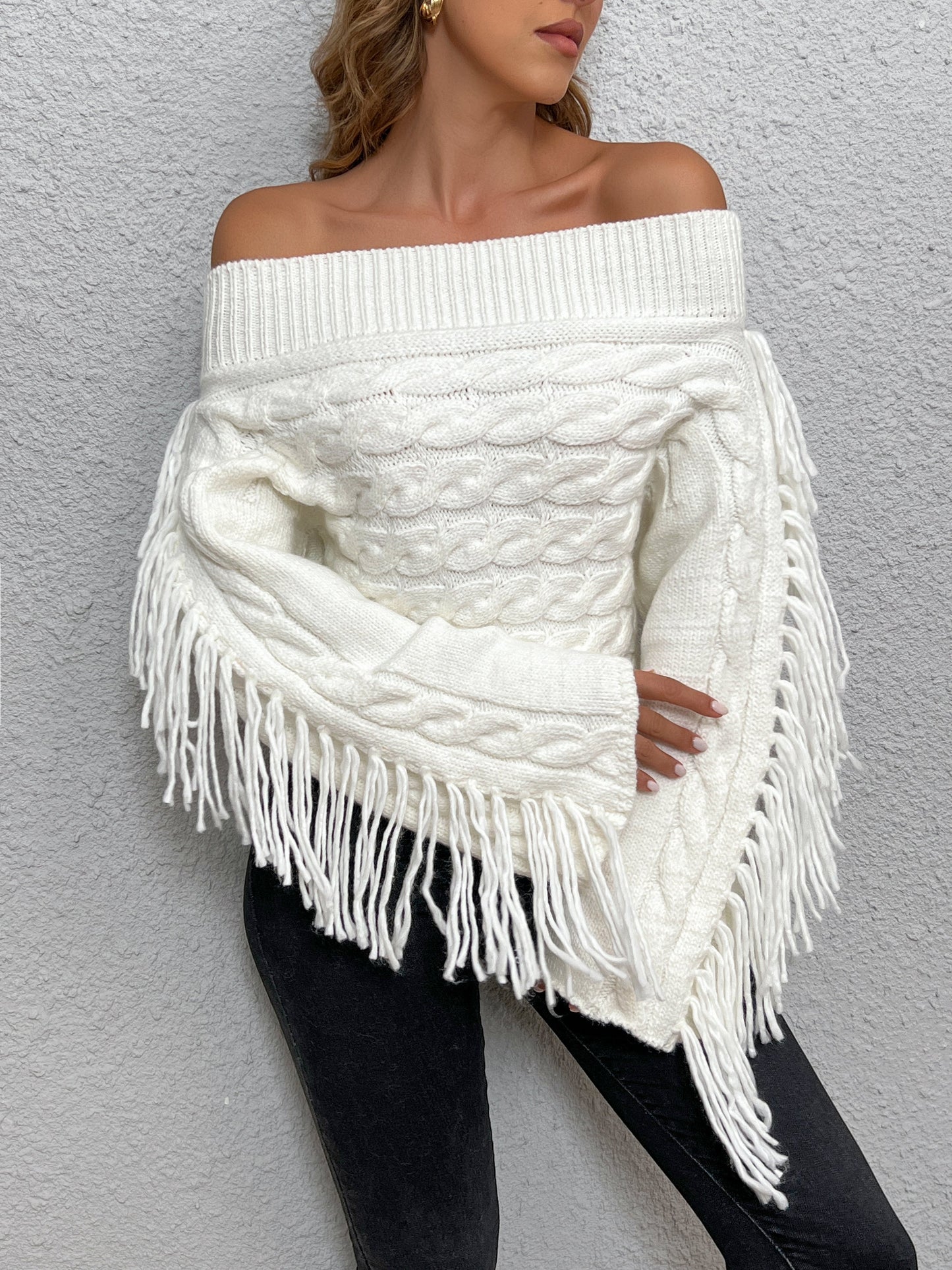 Beheme Off-Shoulder Tassel Sweater Cozy Knit Winter Fashion