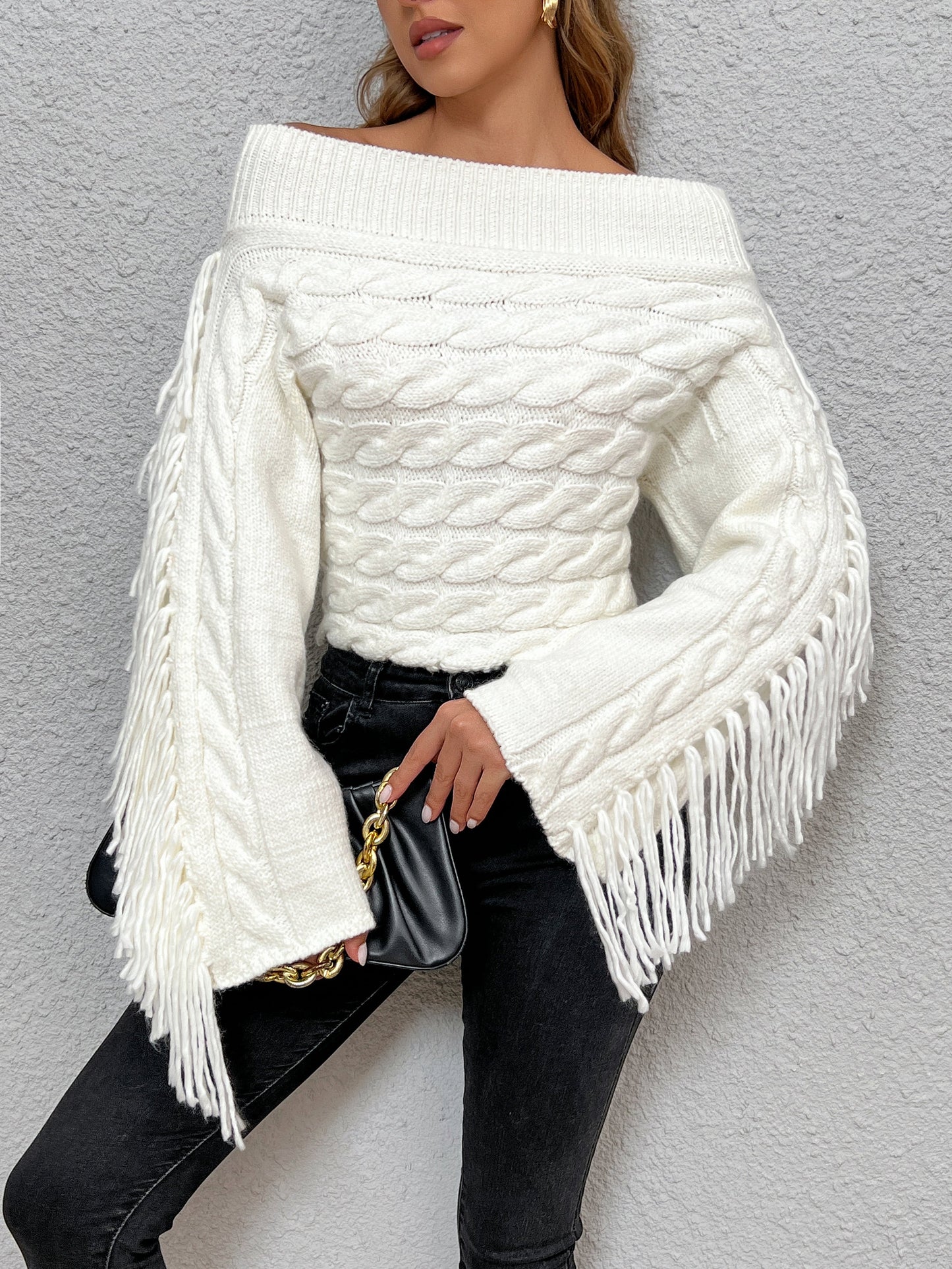 Beheme Off-Shoulder Tassel Sweater Cozy Knit Winter Fashion