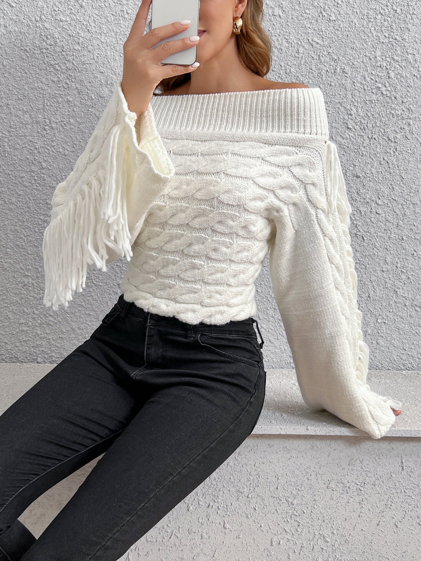 Beheme Off-Shoulder Tassel Sweater Cozy Knit Winter Fashion