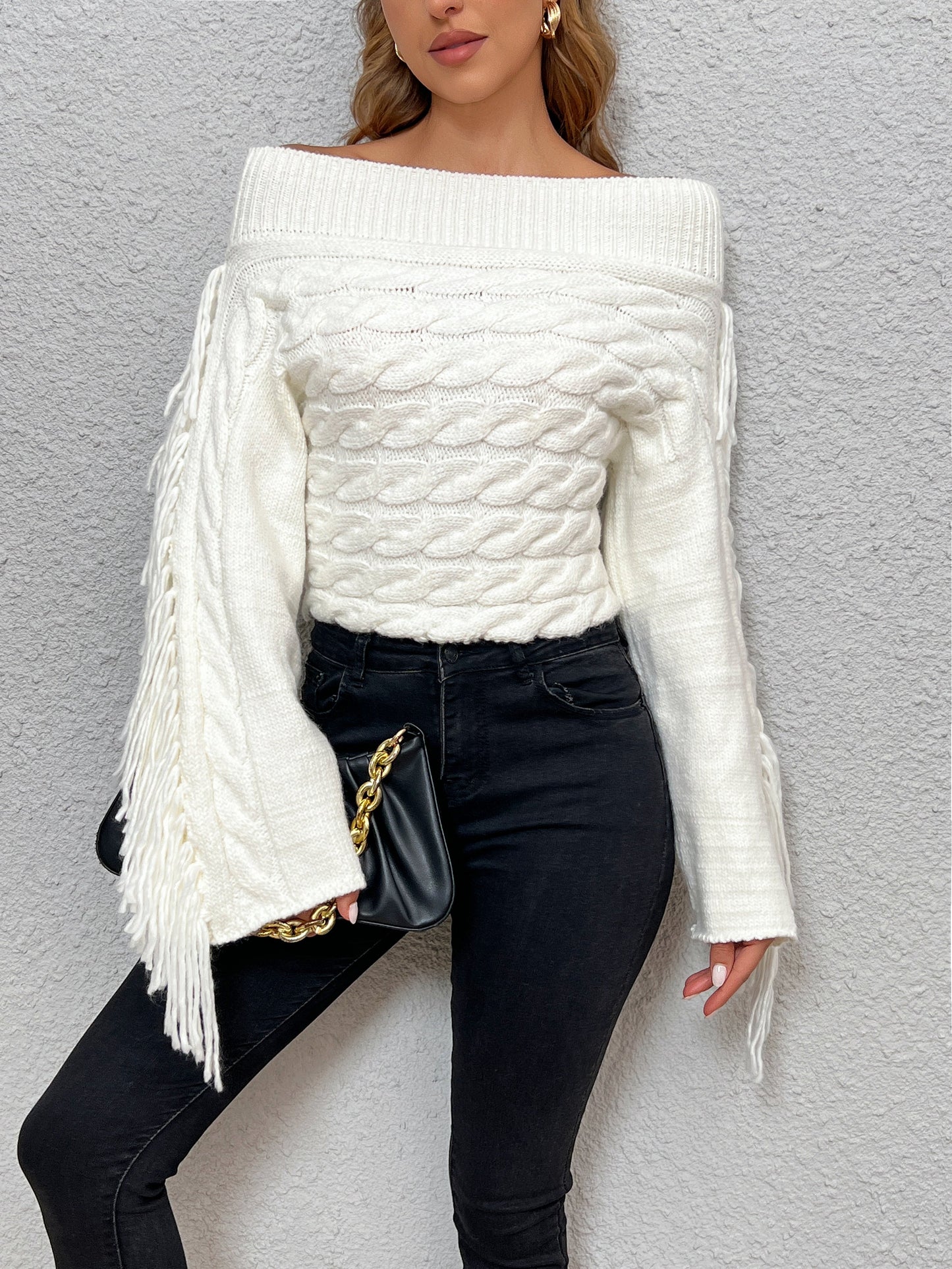 Beheme Off-Shoulder Tassel Sweater Cozy Knit Winter Fashion