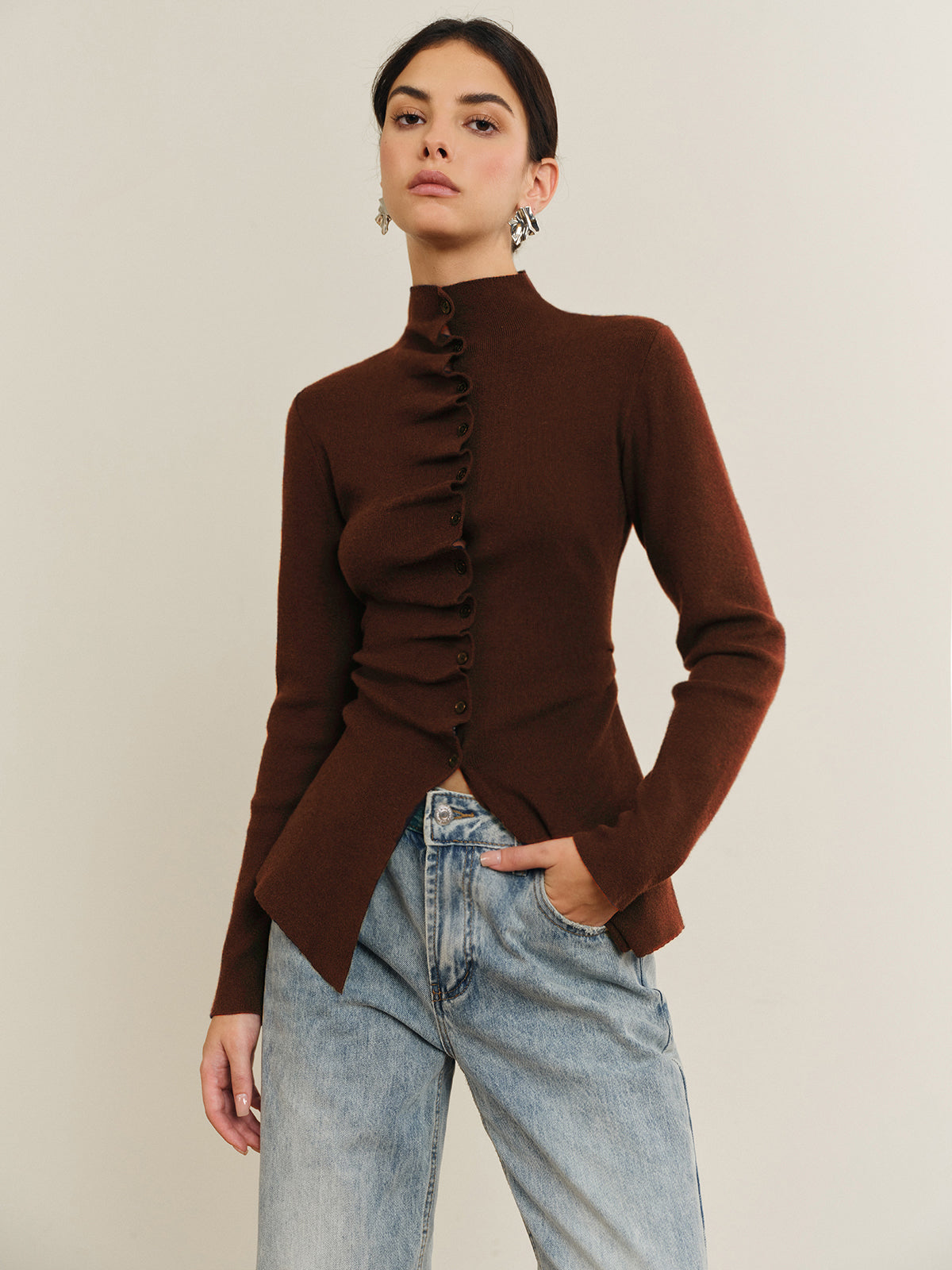 Button Pleated Split Knit Top - Casual Long Sleeve Fashion Pullover