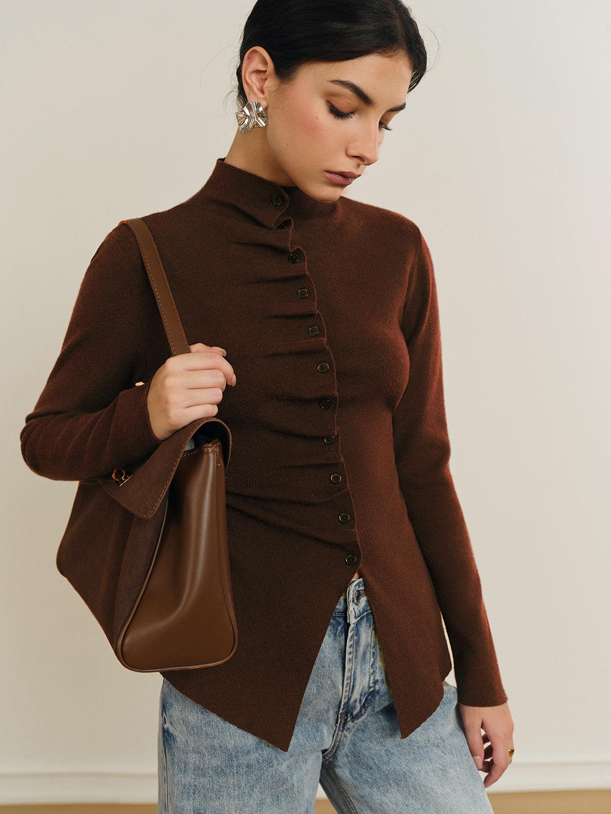 Button Pleated Split Knit Top - Casual Long Sleeve Fashion Pullover
