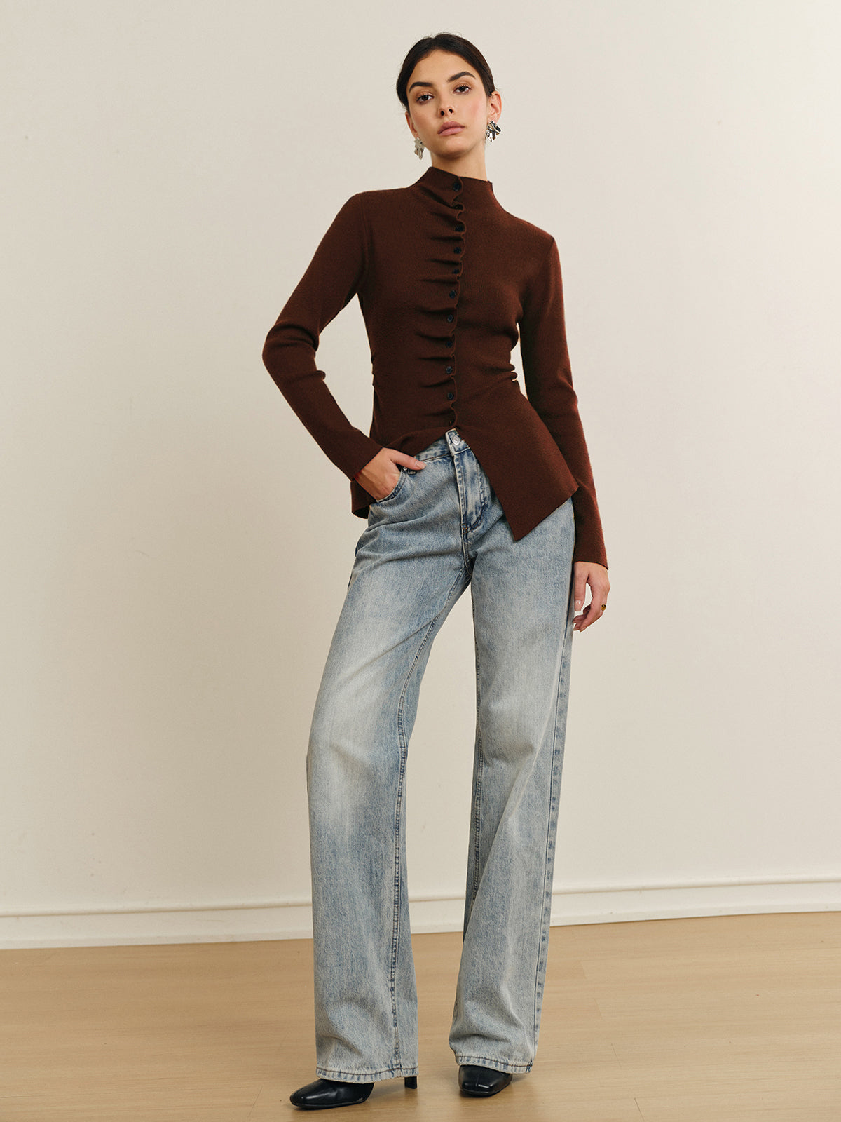 Button Pleated Split Knit Top - Casual Long Sleeve Fashion Pullover