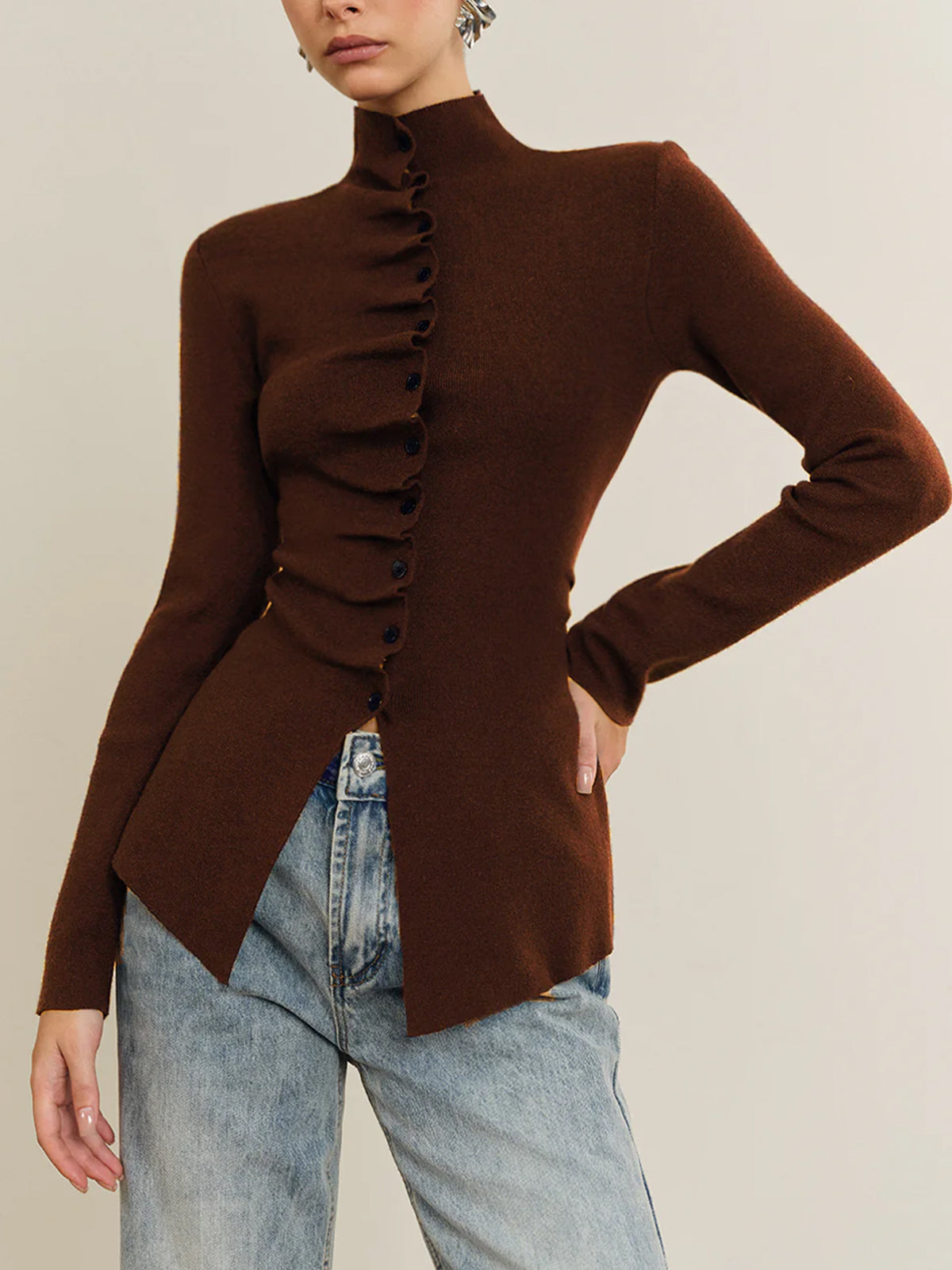 Button Pleated Split Knit Top - Casual Long Sleeve Fashion Pullover