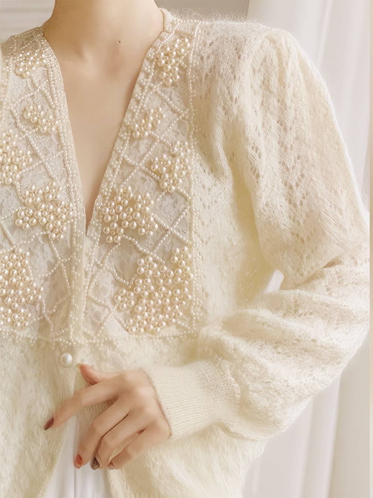 Romance Pearl Beaded Cardigan with Elegant Lace Details