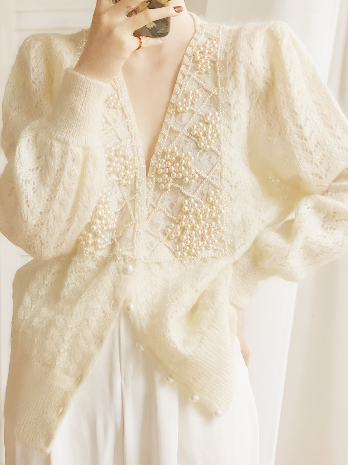 Romance Pearl Beaded Cardigan with Elegant Lace Details