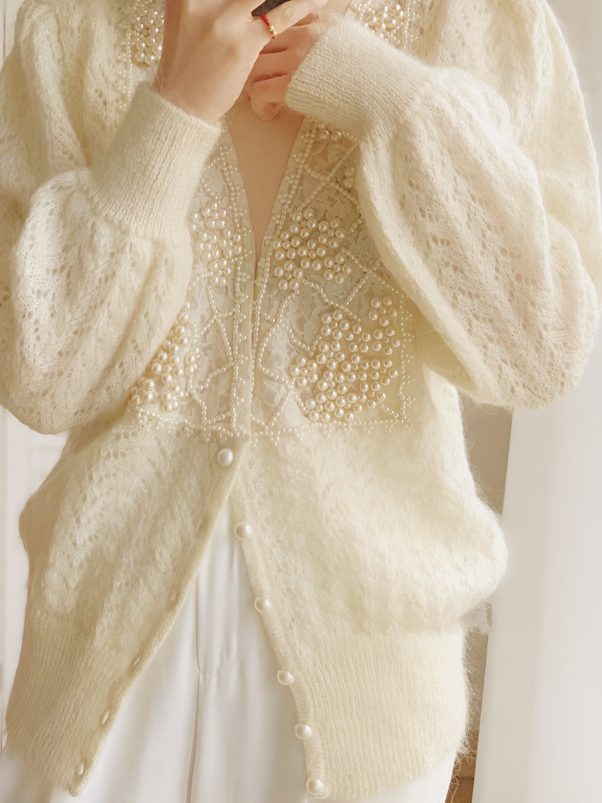 Romance Pearl Beaded Cardigan with Elegant Lace Details
