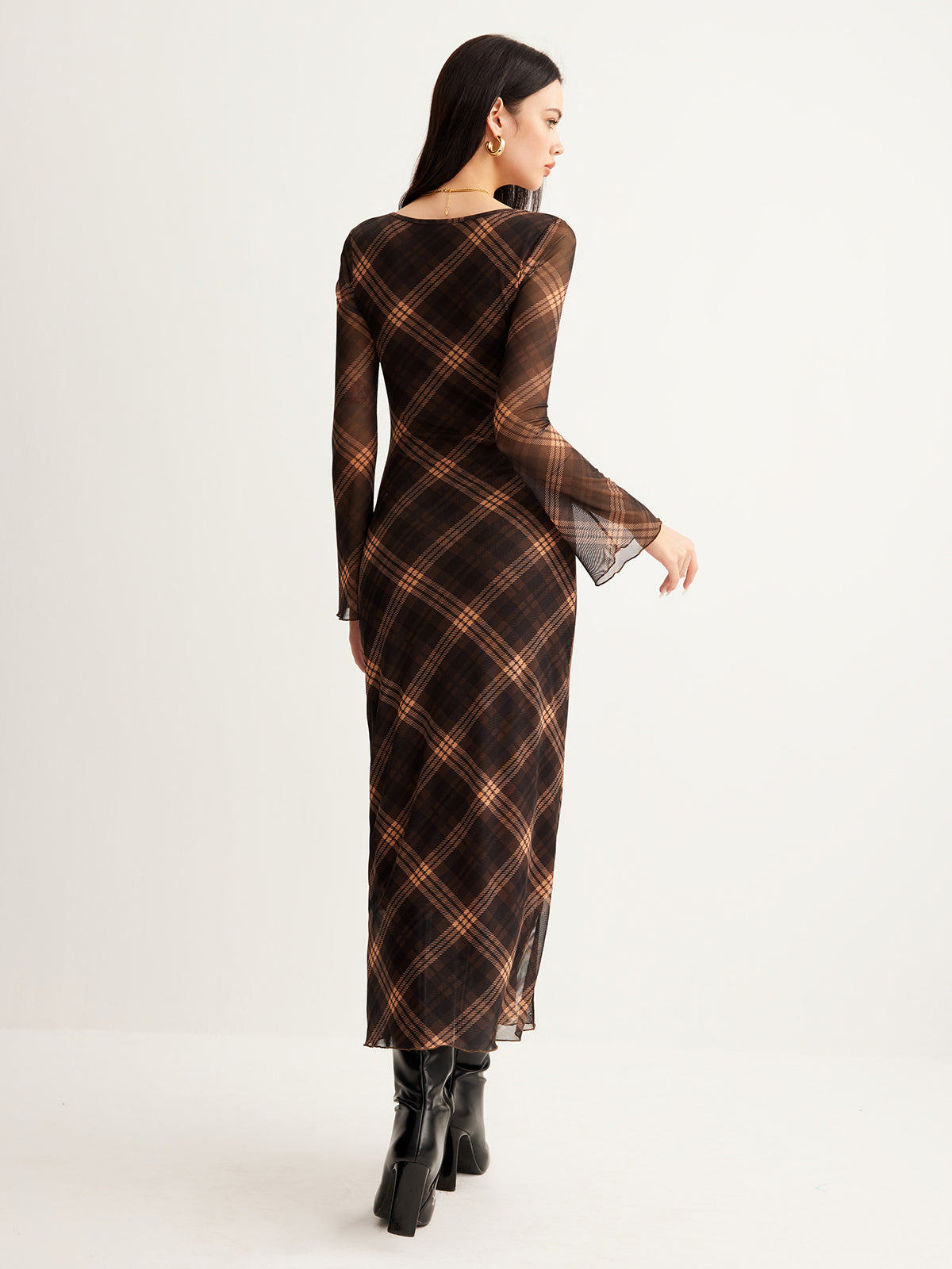 Semi-Sheer Checked Bell-Sleeve Mesh Dress for Women
