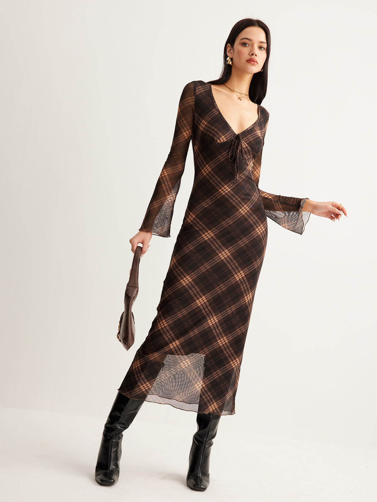 Semi-Sheer Checked Bell-Sleeve Mesh Dress for Women