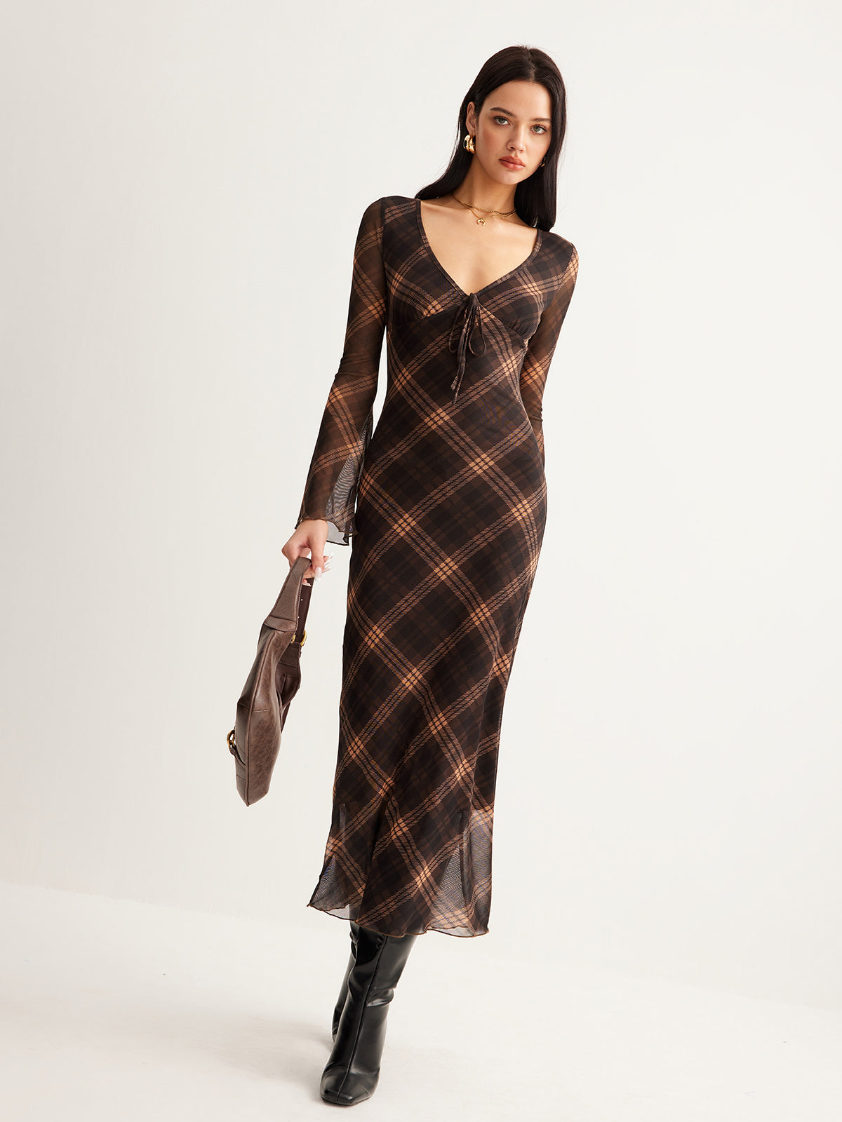 Semi-Sheer Checked Bell-Sleeve Mesh Dress for Women