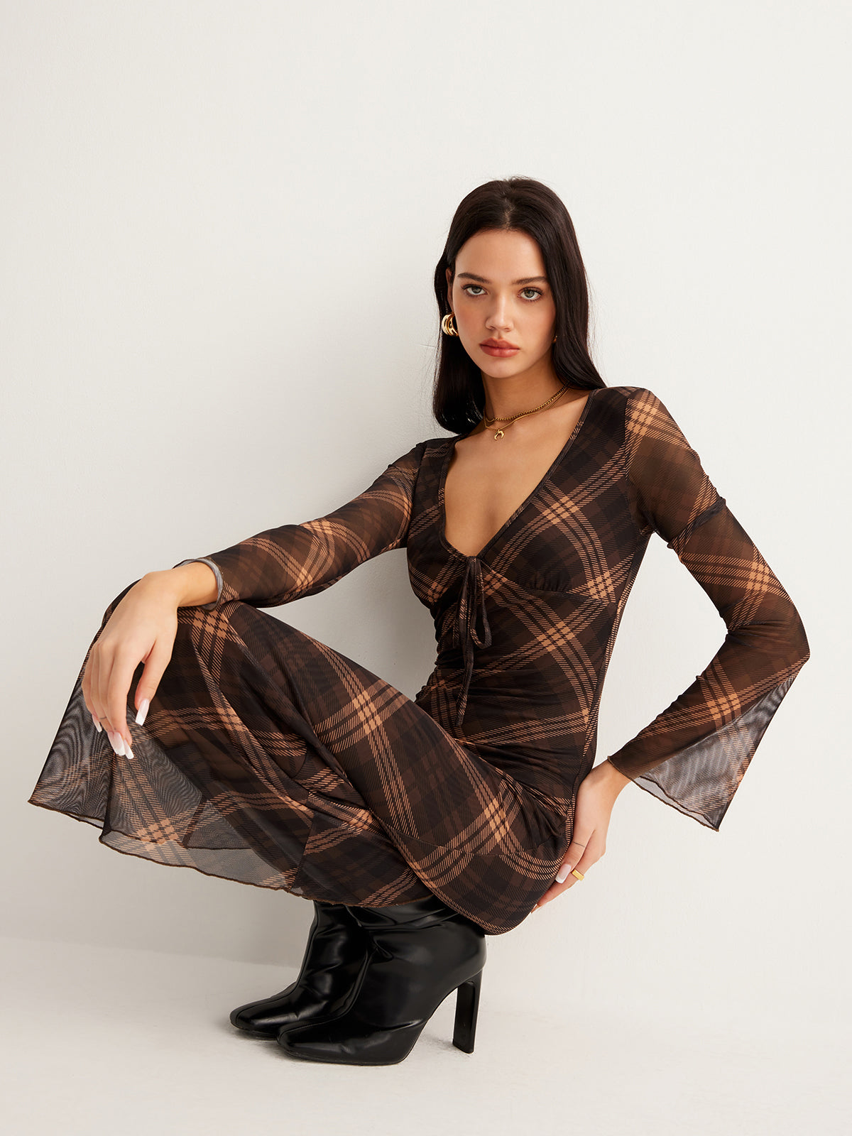 Semi-Sheer Checked Bell-Sleeve Mesh Dress for Women