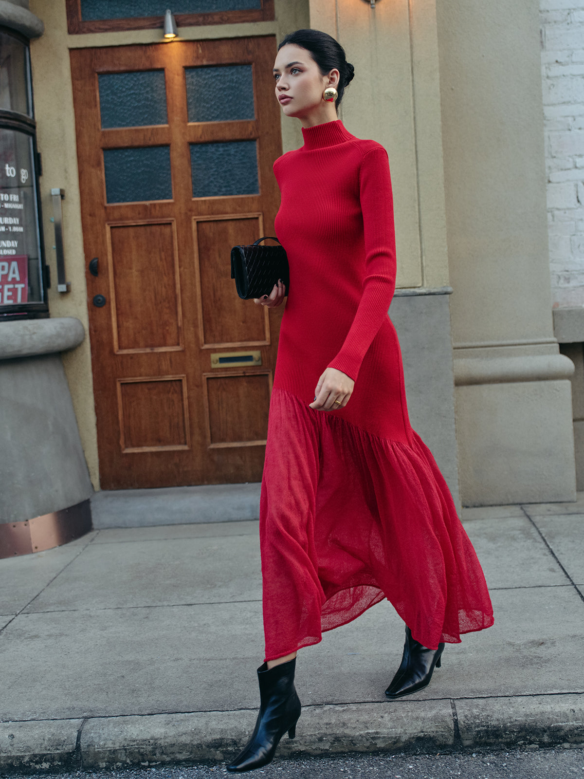 Mock Neck Pleated Panel Sweater Dress with Bell Sleeves and A-Line Skirt