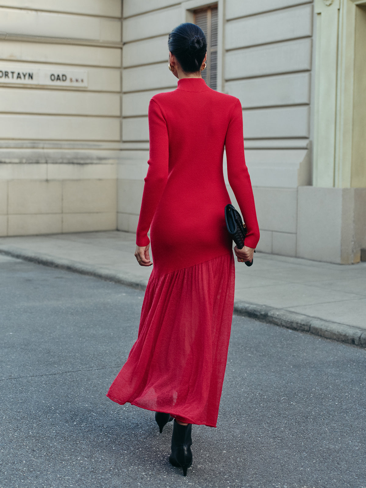 Mock Neck Pleated Panel Sweater Dress with Bell Sleeves and A-Line Skirt