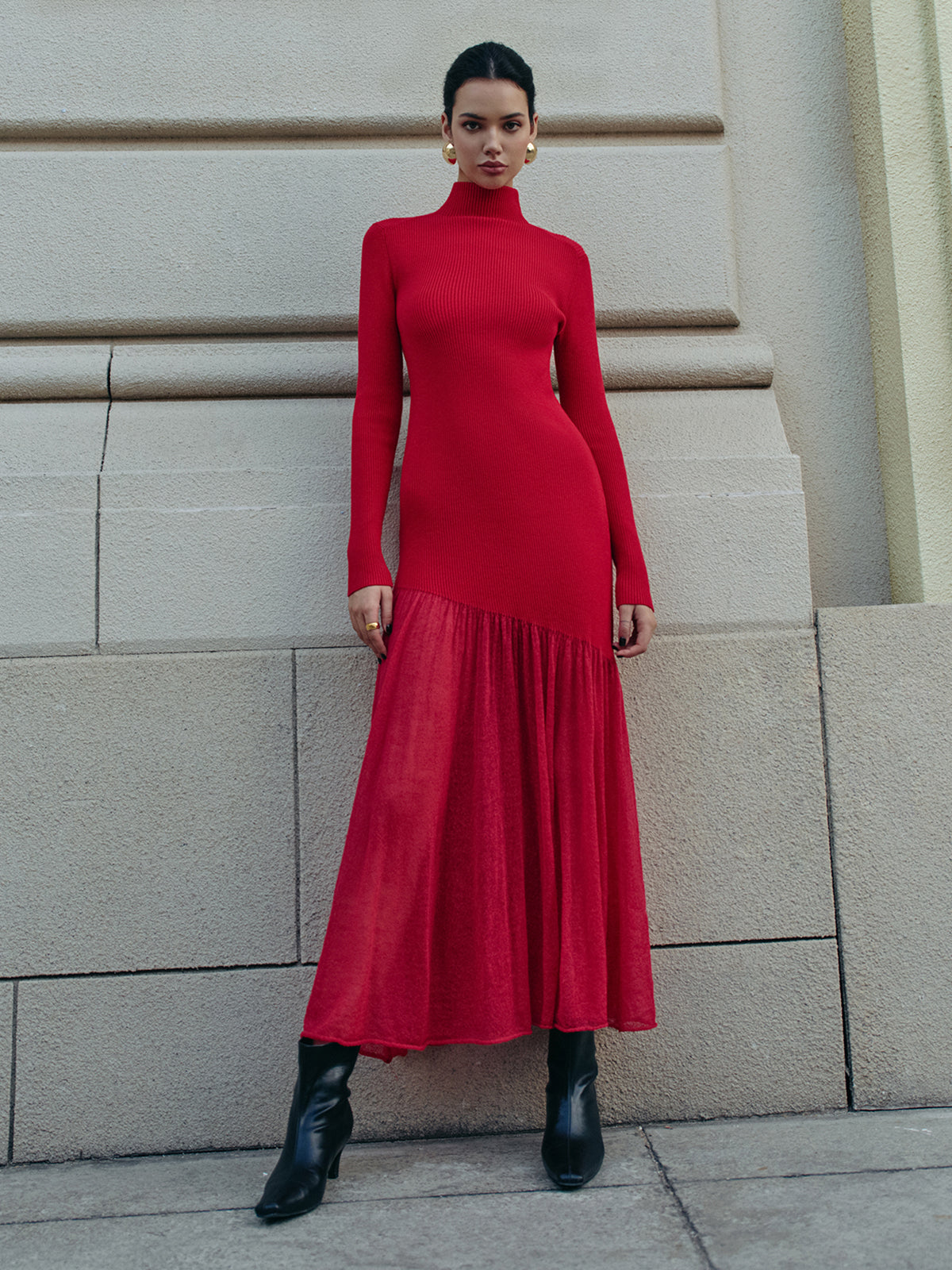 Mock Neck Pleated Panel Sweater Dress with Bell Sleeves and A-Line Skirt