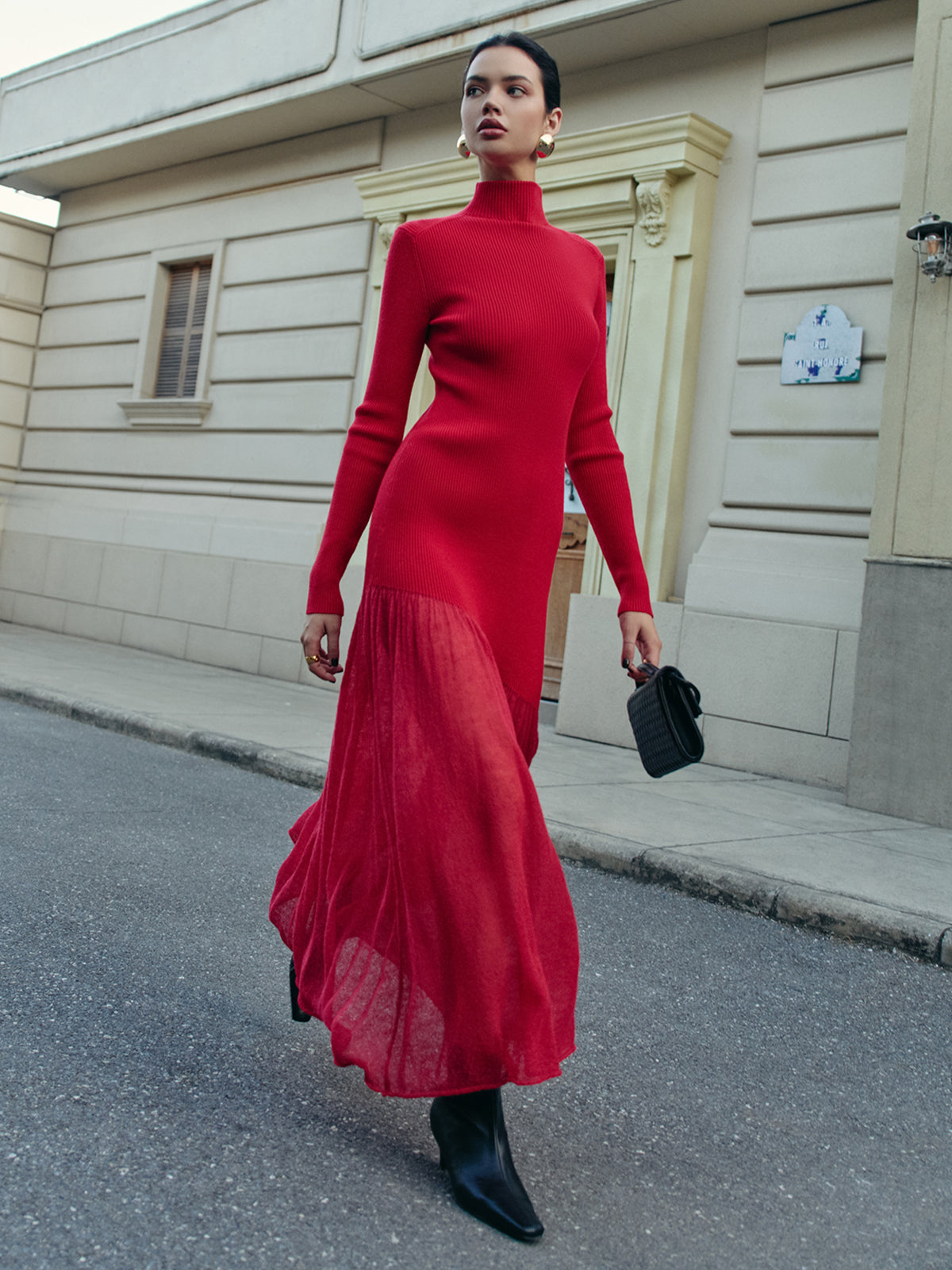 Mock Neck Pleated Panel Sweater Dress with Bell Sleeves and A-Line Skirt