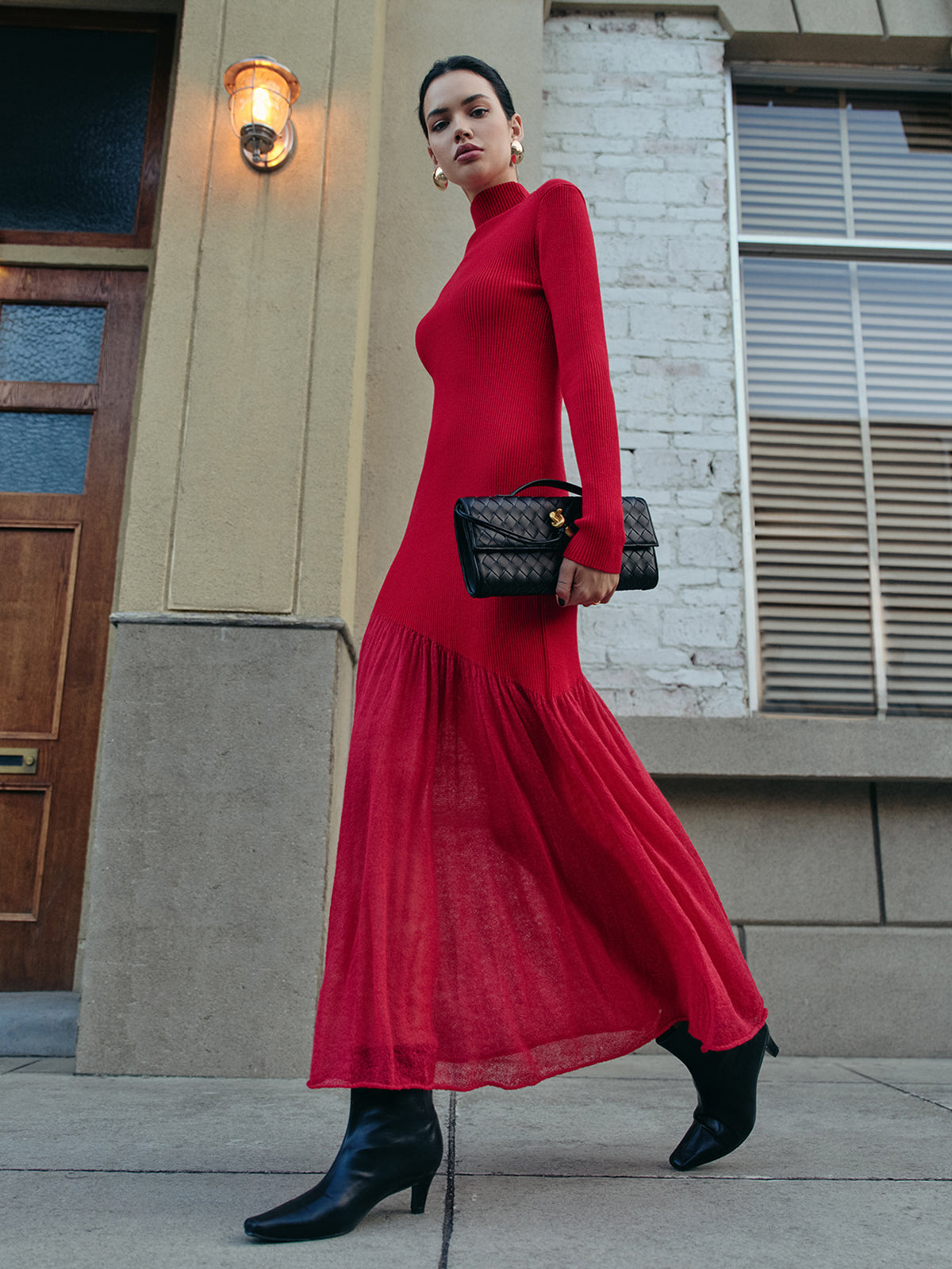 Mock Neck Pleated Panel Sweater Dress with Bell Sleeves and A-Line Skirt