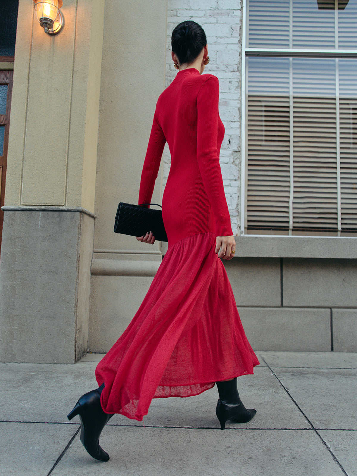 Mock Neck Pleated Panel Sweater Dress with Bell Sleeves and A-Line Skirt