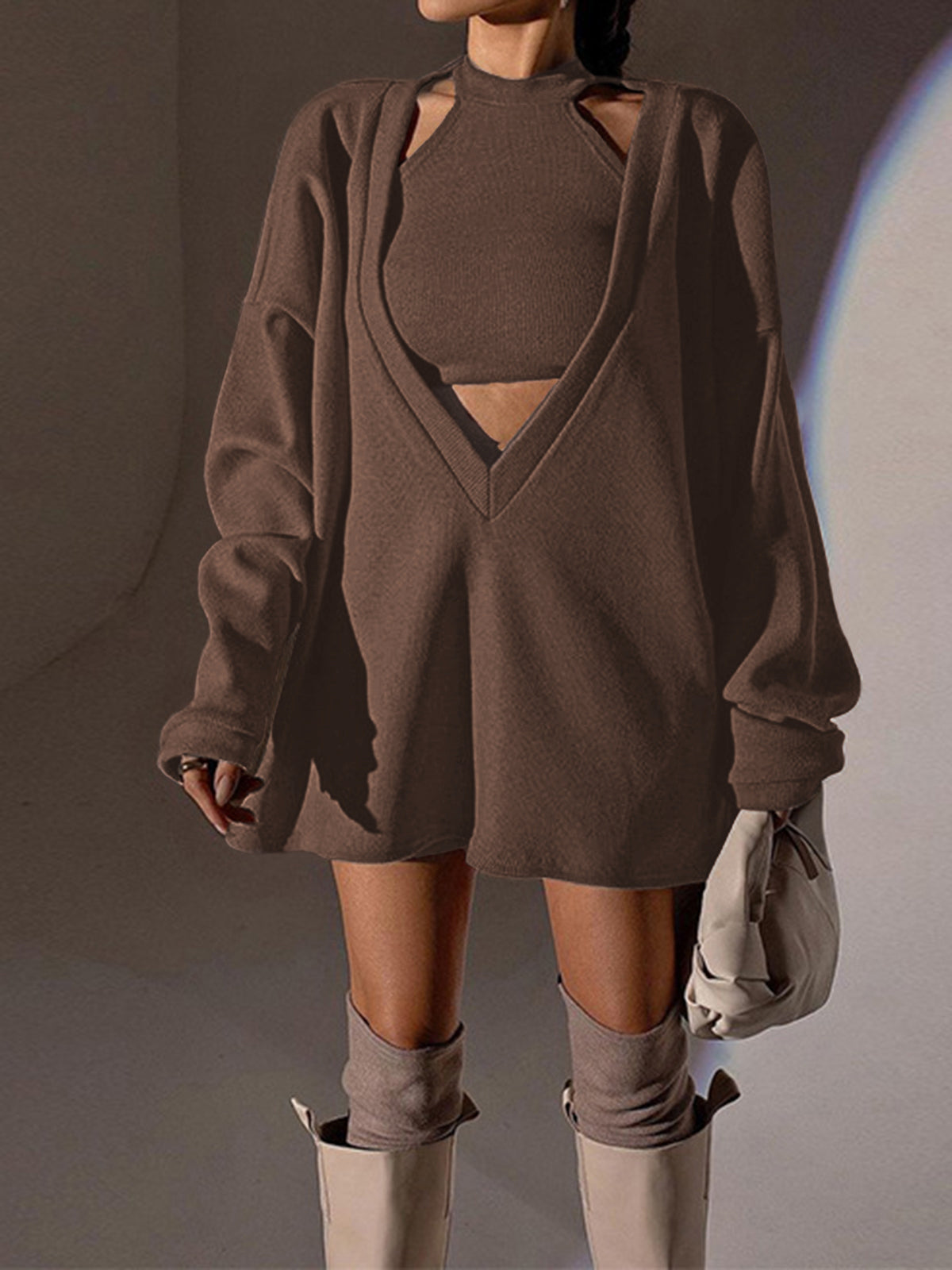 Solid Ribbed Knit Sweatshirt with Layered Vest Comfort Fit