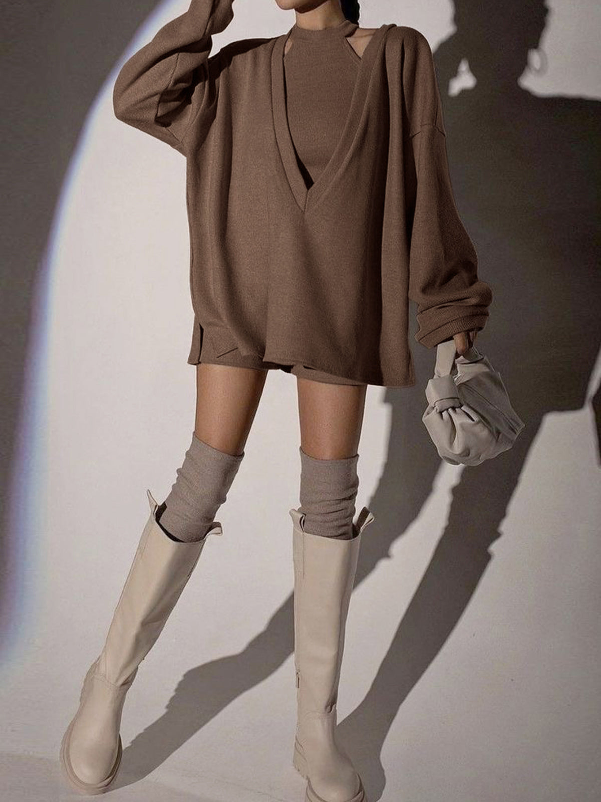 Solid Ribbed Knit Sweatshirt with Layered Vest Comfort Fit