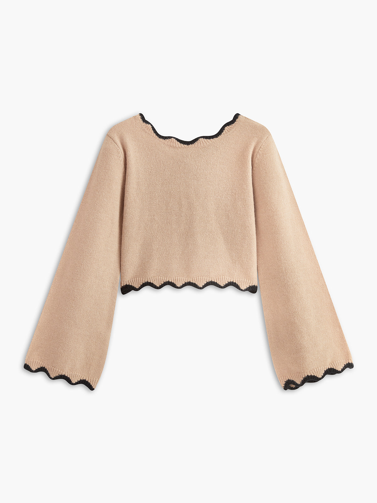 Contrast Wave Trim Bow Sweater Textured Knit Pullover Top