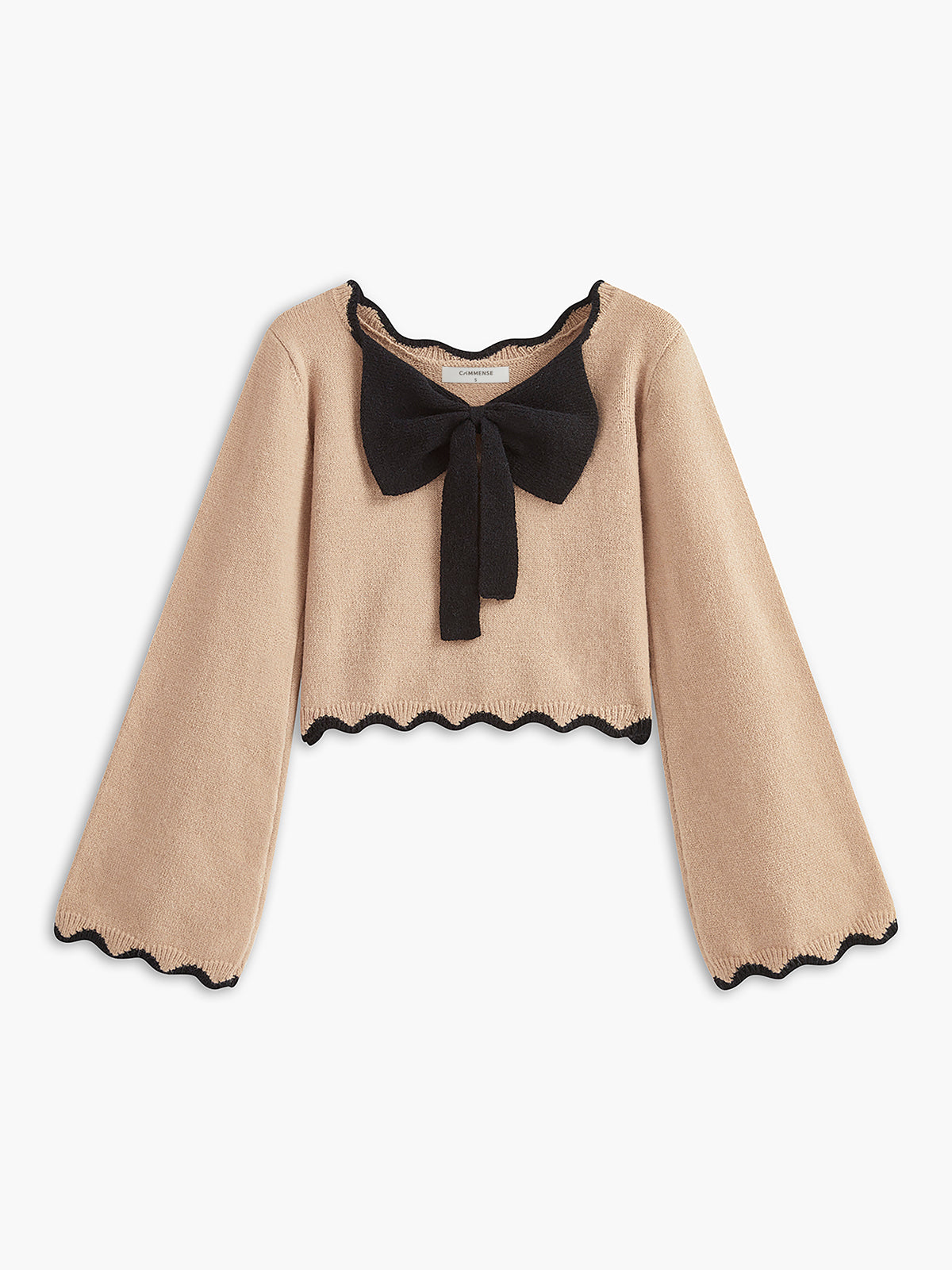 Contrast Wave Trim Bow Sweater Textured Knit Pullover Top